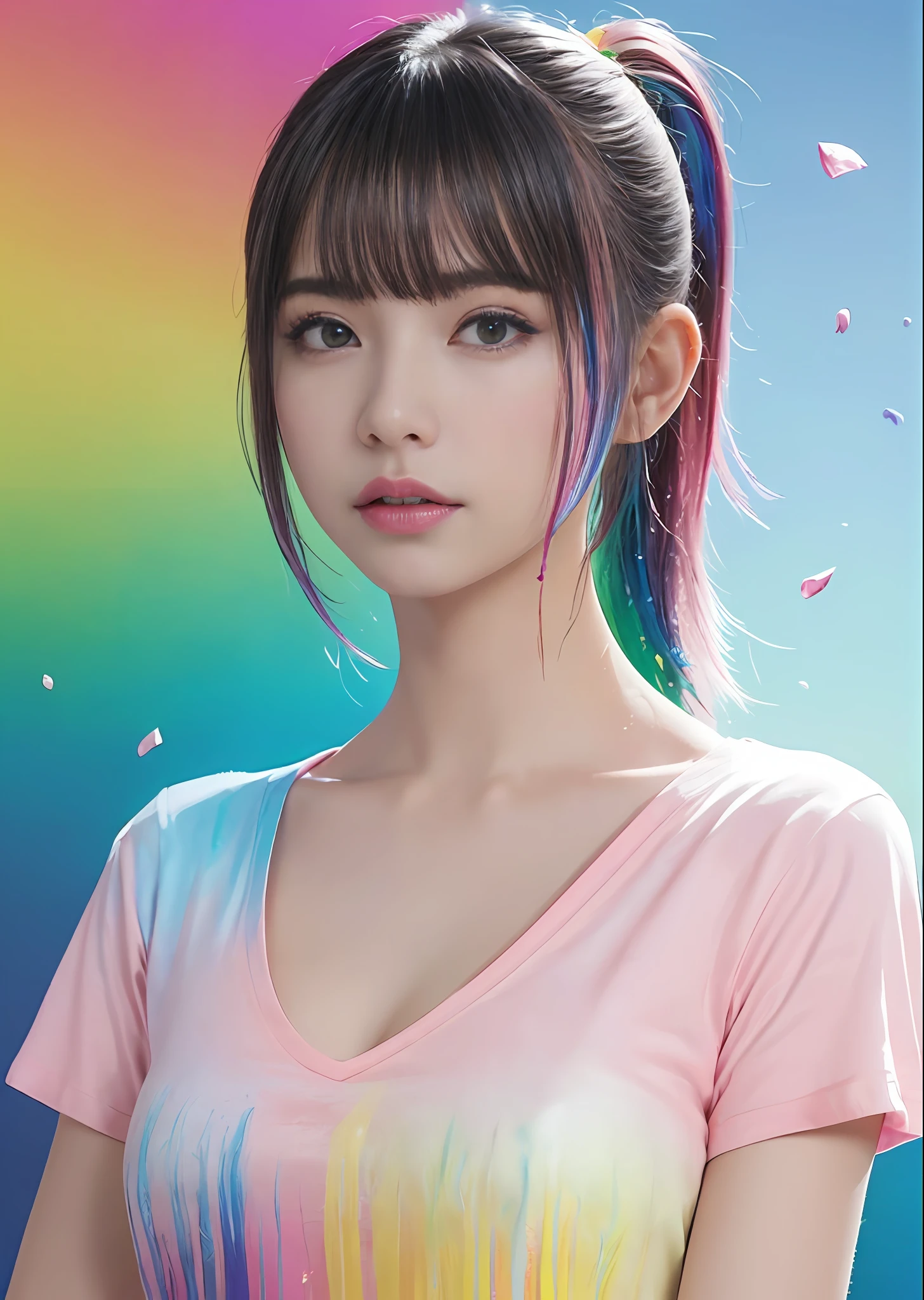 (Pink fashion T-shirt:1.9)、(colourful hair:1.8)、(all the colours of the rainbow:1.8)、((((Vertical Painting:1.6)))、(Painterly:1.6)、frontage、big eye、Sheer eyes、(Iridescent gradient high ponytail:1.7)、Exquisite makeup、Mouth closed、(Small fresh:1.5)、(Wipe Chest:1.6)、long eyeslashes、White off-shoulder T-shirt big watery eyes、(rainbow-colored hair:1.6)、Color explosion, Messy lines, ((Shines)), (colourfull), Chic paint style, (color splashes), Vertical Painting, nsfw、 Paint splashes, Acrylic Pigment, gradients, depth of fields, facepaint, colourful clothes, (elegent: 1.2), Gorgeous,length hair, the wind, (elegent: 1.3), (flower petals:1.4)、(((​masterpiece)))、(((top-quality)))、((ultra-detailliert))、(dynamic ungle)、((Planktonic))、(paint)、((dishevled hair))、(独奏)、((beautifull detailed face))、collars、bare shoulders​、white  hair、((colourful hair))、(((striated hair))、beatiful detailed eyes、(Gradient color eyes)、((cammel toe))、(colorful backdrop))))、((((a high chroma))))、(((Surrounded by colorful splashes)))
