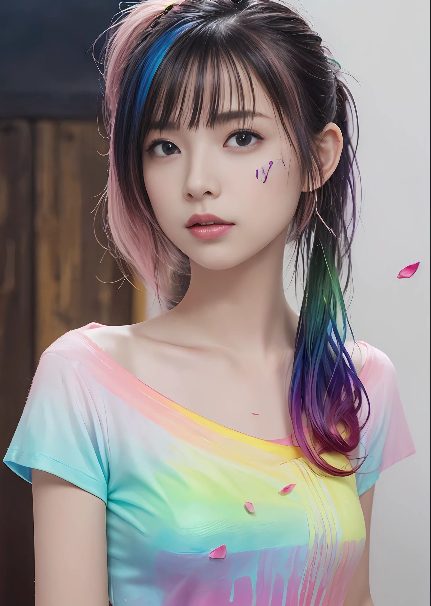 (Pink fashion T-shirt:1.9)、(colourful hair:1.8)、(all the colours of the rainbow:1.8)、((((Vertical Painting:1.6)))、(Painterly:1.6)、frontage、big eye、Sheer eyes、(Iridescent gradient high ponytail:1.7)、Exquisite makeup、Mouth closed、(Small fresh:1.5)、(Wipe Chest:1.6)、long eyeslashes、White off-shoulder T-shirt big watery eyes、(rainbow-colored hair:1.6)、Color explosion, Messy lines, ((Shines)), (colourfull), Chic paint style, (color splashes), Vertical Painting, nsfw、 Paint splashes, Acrylic Pigment, gradients, depth of fields, facepaint, colourful clothes, (elegent: 1.2), Gorgeous,length hair, the wind, (elegent: 1.3), (flower petals:1.4)、(((masterpiece)))、(((top-quality)))、((ultra-detailliert))、(dynamic ungle)、((Planktonic))、(paint)、((dishevled hair))、(独奏)、((beautifull detailed face))、collars、bare shoulders、white hair、((colourful hair))、(((striated hair))、beatiful detailed eyes、(Gradient color eyes)、((cammel toe))、(colorful backdrop))))、((((a high chroma))))、(((Surrounded by colorful splashes)))