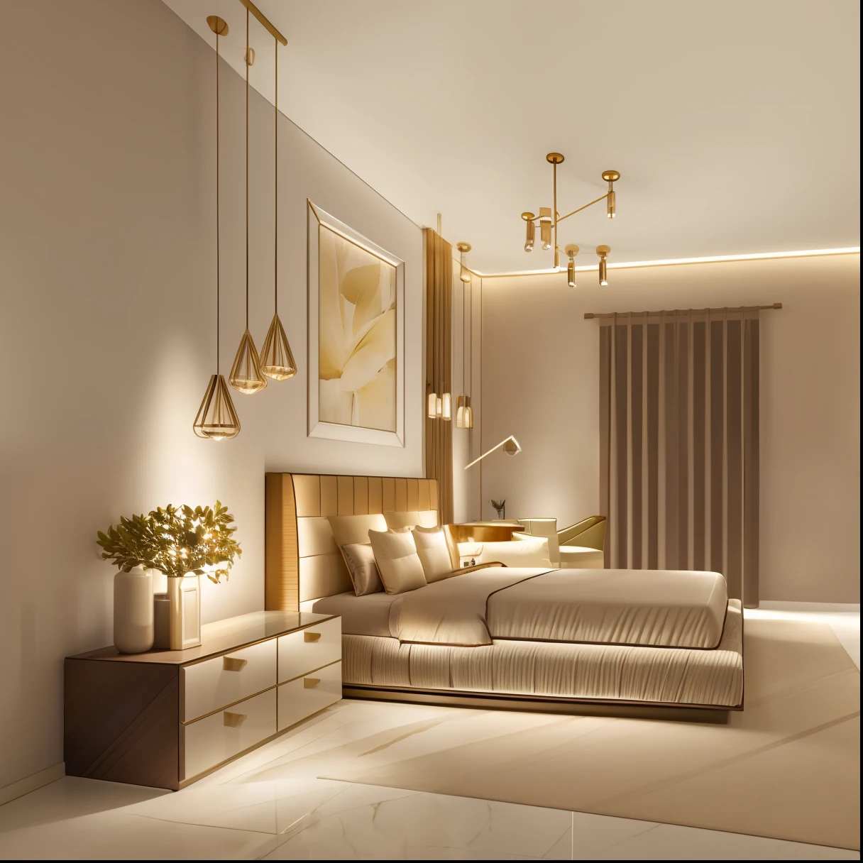 modern luxury interior design bedroom, soft light, focus light to bed ((supper detail:1.3))