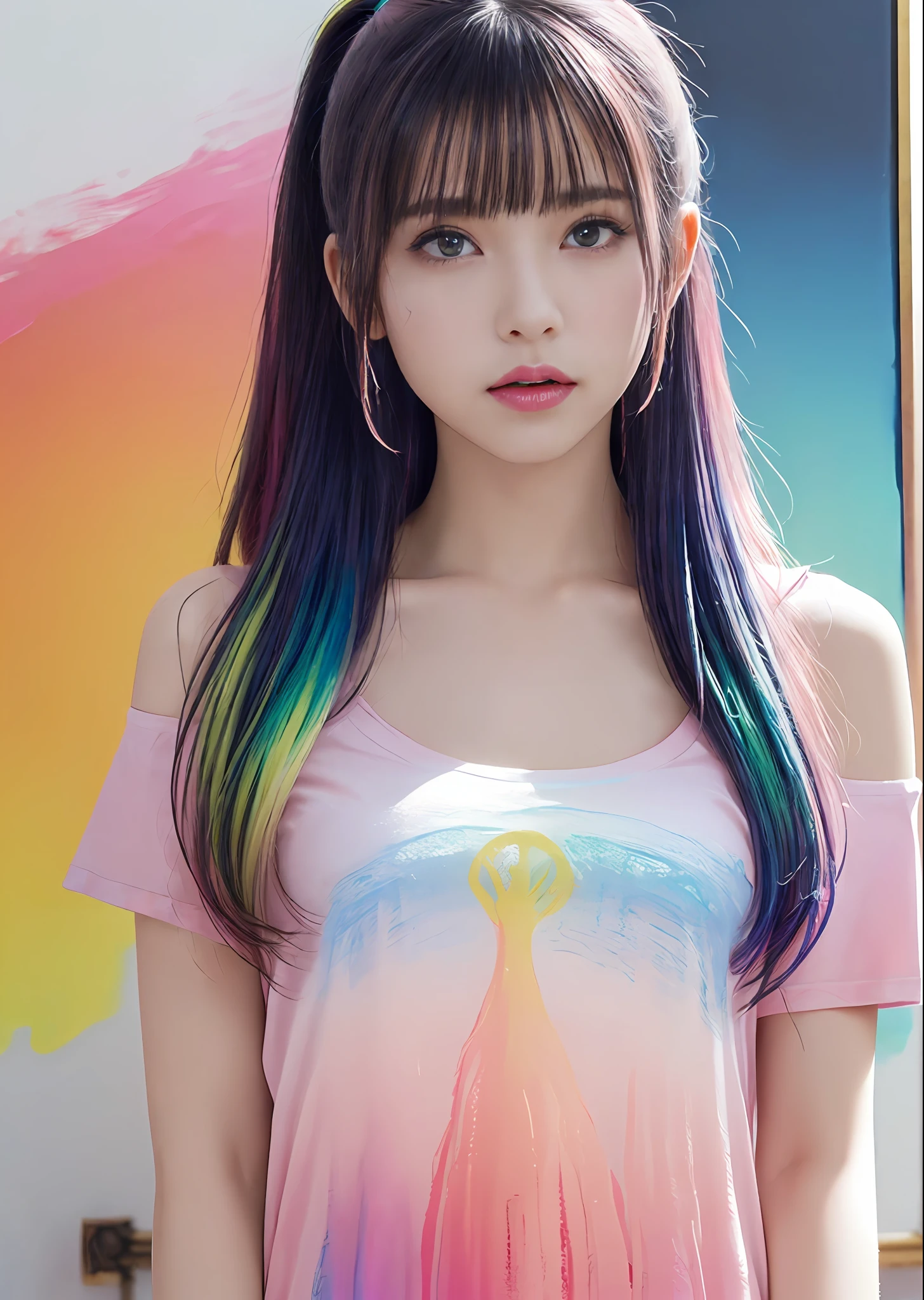 (Pink fashion T-shirt:1.9)、(colourful hair:1.8)、(all the colours of the rainbow:1.8)、((((Vertical Painting:1.6)))、(Painterly:1.6)、frontage、big eye、Sheer eyes、(Iridescent gradient high ponytail:1.7)、Exquisite makeup、Mouth closed、(Small fresh:1.5)、(Wipe Chest:1.6)、long eyeslashes、White off-shoulder T-shirt big watery eyes、(rainbow-colored hair:1.6)、Color explosion, Messy lines, ((Shines)), (colourfull), Chic paint style, (color splashes), Vertical Painting, nsfw、 Paint splashes, Acrylic Pigment, gradients, depth of fields, facepaint, colourful clothes, (elegent: 1.2), Gorgeous,length hair, the wind, (elegent: 1.3), (flower petals:1.4)、(((masterpiece)))、(((top-quality)))、((ultra-detailliert))、(dynamic ungle)、((Planktonic))、(paint)、((dishevled hair))、(独奏)、((beautifull detailed face))、collars、bare shoulders、white hair、((colourful hair))、(((striated hair))、beatiful detailed eyes、(Gradient color eyes)、((cammel toe))、(colorful backdrop))))、((((a high chroma))))、(((Surrounded by colorful splashes)))