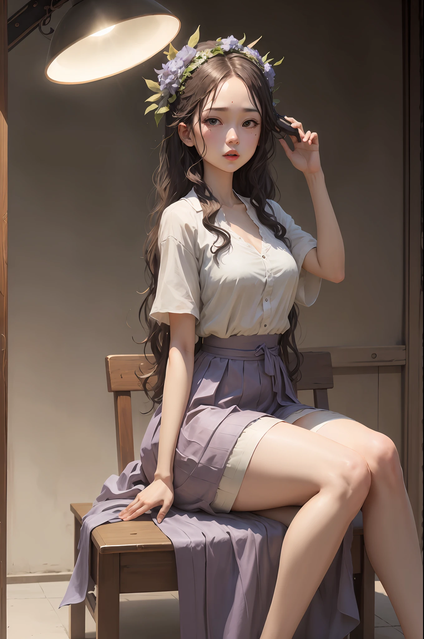 god statue,wavy and long hair,Melon seed face,Has tear moles,Girl form 1.74 meters,long purple skirt,With a halo on the head,sit on chair