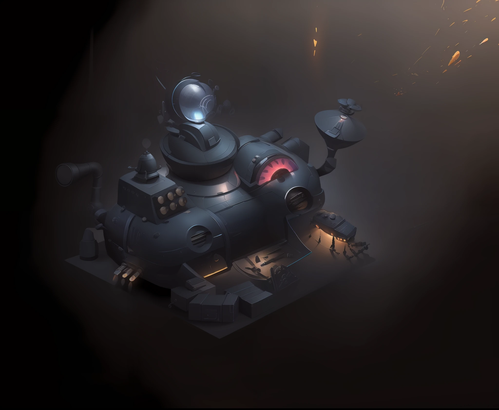 Line drawings are colored，Cartoon submarine concept，stylized linework，detailed conceptual drawing，2d game lineart behance hd，looking over eyewear，Bullet box，Stylized weapons shop，Laser casemates，Weapon counter，Detect sonar，Detailed 2D illustration，heavy lineart，Concept illustration，Remove the background，Pure black background