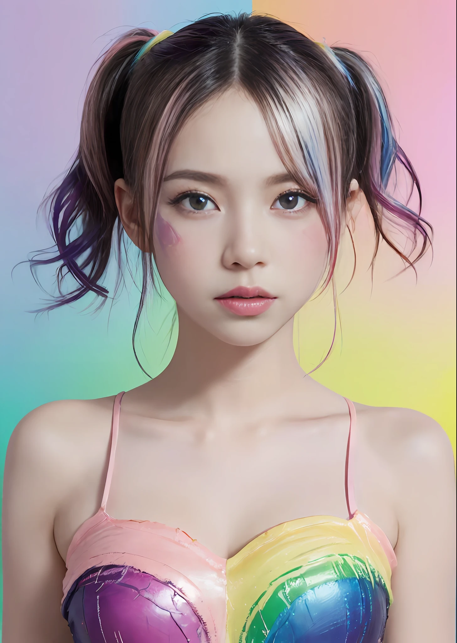 (Pink fashion T-shirt:1.9)、(colourful hair:1.8)、(all the colours of the rainbow:1.8)、((((Vertical Painting:1.6)))、(Painterly:1.6)、frontage、big eye、Sheer eyes、(Iridescent gradient high ponytail:1.7)、Exquisite makeup、Mouth closed、(Small fresh:1.5)、(Wipe Chest:1.6)、long eyeslashes、White off-shoulder T-shirt big watery eyes、(rainbow-colored hair:1.6)、Color explosion, Messy lines, ((Shines)), (colourfull), Chic paint style, (color splashes), Vertical Painting, nsfw、 Paint splashes, Acrylic Pigment, gradients, depth of fields, facepaint, colourful clothes, (elegent: 1.2), Gorgeous,length hair, the wind, (elegent: 1.3), (flower petals:1.4)、(((masterpiece)))、(((top-quality)))、((ultra-detailliert))、(dynamic ungle)、((Planktonic))、(paint)、((dishevled hair))、(独奏)、((beautifull detailed face))、collars、bare shoulders、white hair、((colourful hair))、(((striated hair))、beatiful detailed eyes、(Gradient color eyes)、((cammel toe))、(colorful backdrop))))、((((a high chroma))))、(((Surrounded by colorful splashes)))