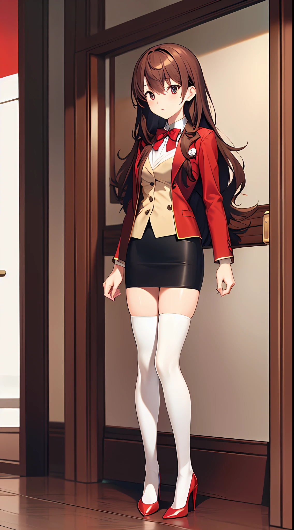 takeuchi takashi, ((Masterpiece, highres)), 1girl, solo, teenager, ((brown hair)), long hair, curly hair, matching hairstyles, different hair color, confident, elegant, rich girl, hazel eyes, happy, arms at sides, straight backs, (((red blazer, red pencil skirt, white thighhighs, thighhigh socks, red high heels))), standing at attention, medium breasts, full body