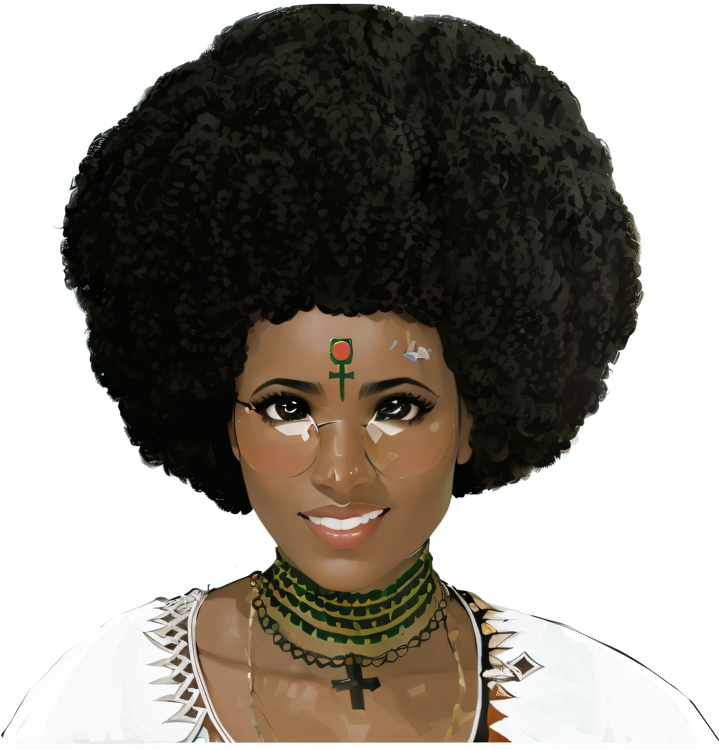 Close-up portrait of an enchanting Ethiopian woman with a voluminous afro adorned with a striking cross on her forehead,modern woman wearing VR glasses, wearing Vision Pro