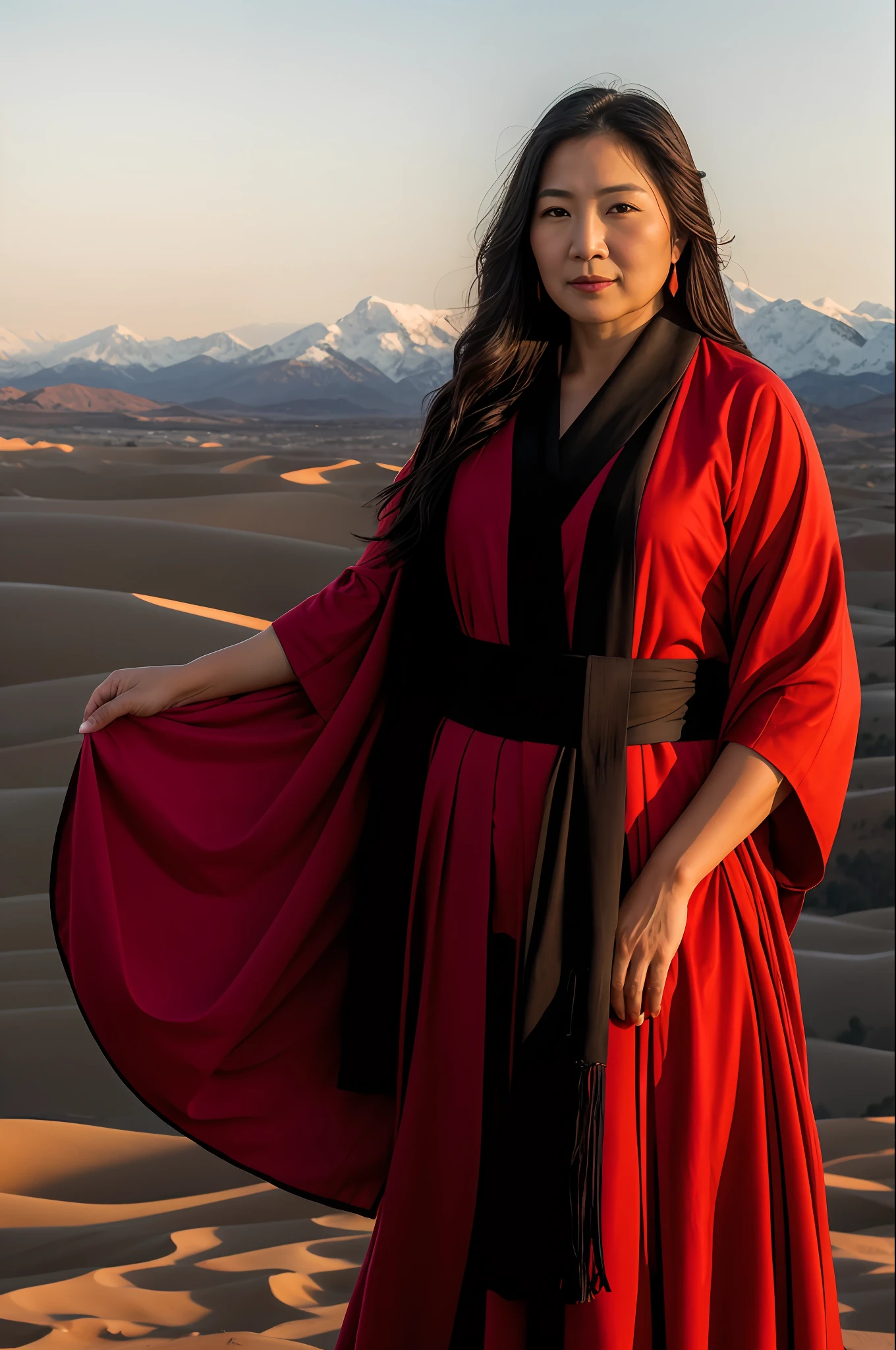 Beautiful middle aged asian woman,Portrait of the Ancient Warrior,Red ancient robes,Long hair with black shawl,Stand sideways in the middle of the desert,there are snow-capped mountains in the distance,Sunset against the light,blue sky background,Natural skin,8K Ultra HD quality,Fujifilm XT3 film grain effect。