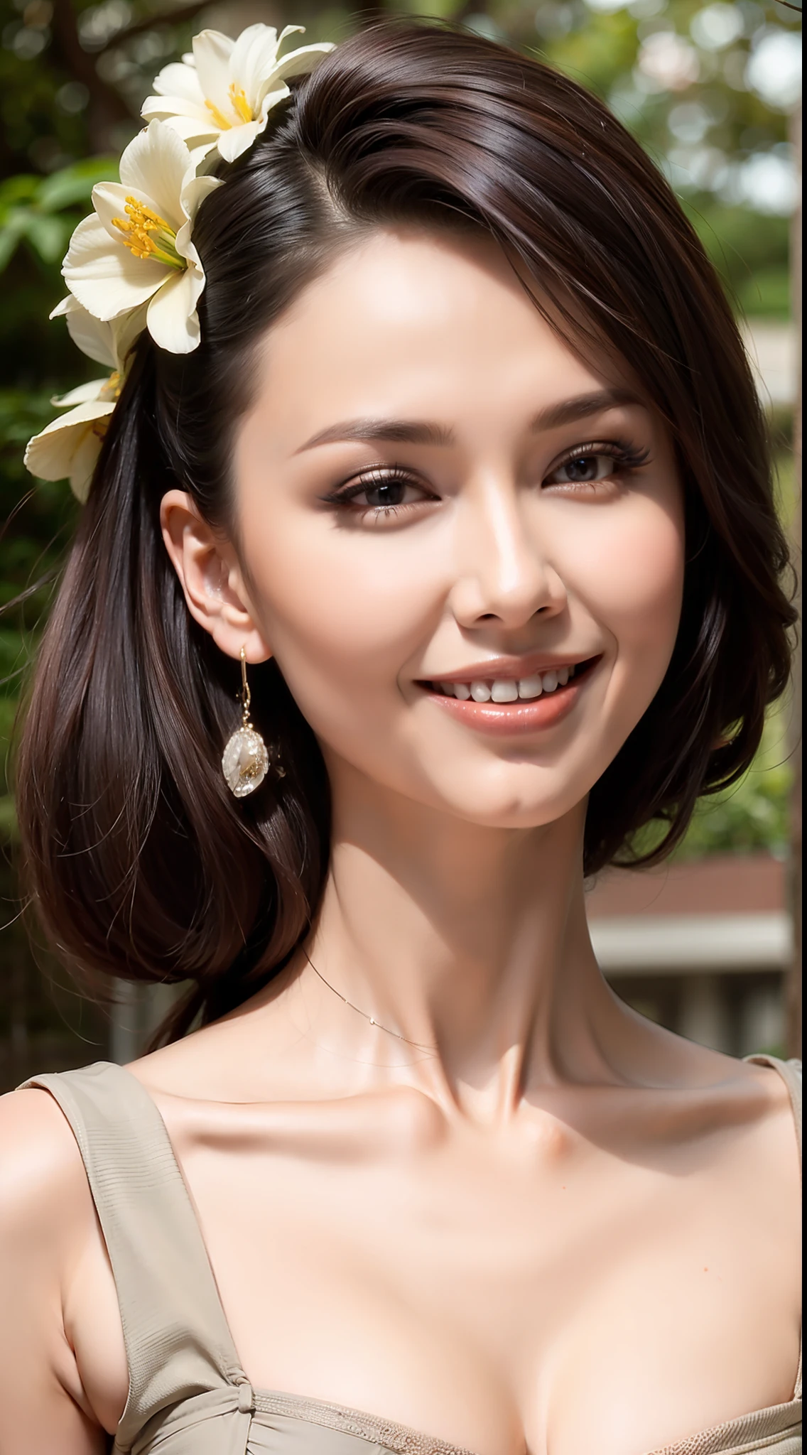 Fashion model 20 years old [[[[closeup cleavage]]]], [[[[boobgasm]]]], [[[[coll]]]], [[[[bshoulders]]]], perfect  eyes, Perfect iris，Perfect lips，perfect teeth，Perfect skin，with fair skin，Long face，slender nose，Soft front light，hdr，Movie girl，Casual，The background is outdoor，Flowers and greenery，（pastel colour：1.2）