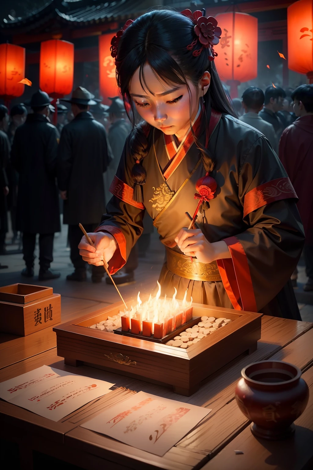 I want a scene,A sacrificial ritual displayed during the Zhongyuan Festival or Ghost Festival,People remain silent and respectful in the scene。They placed offerings,Burning paper money and incense sticks,to pay homage to ancestors and the dead。People in the scene avoid using inappropriate language,and loud or disrespectful behavior。They participate in the sacrifice with caution and devotion,to show respect and gratitude。Based on this description, please create a painting scene that conforms to the cultural traditions of the Zhongyuan Festival and the Ghost Festival。