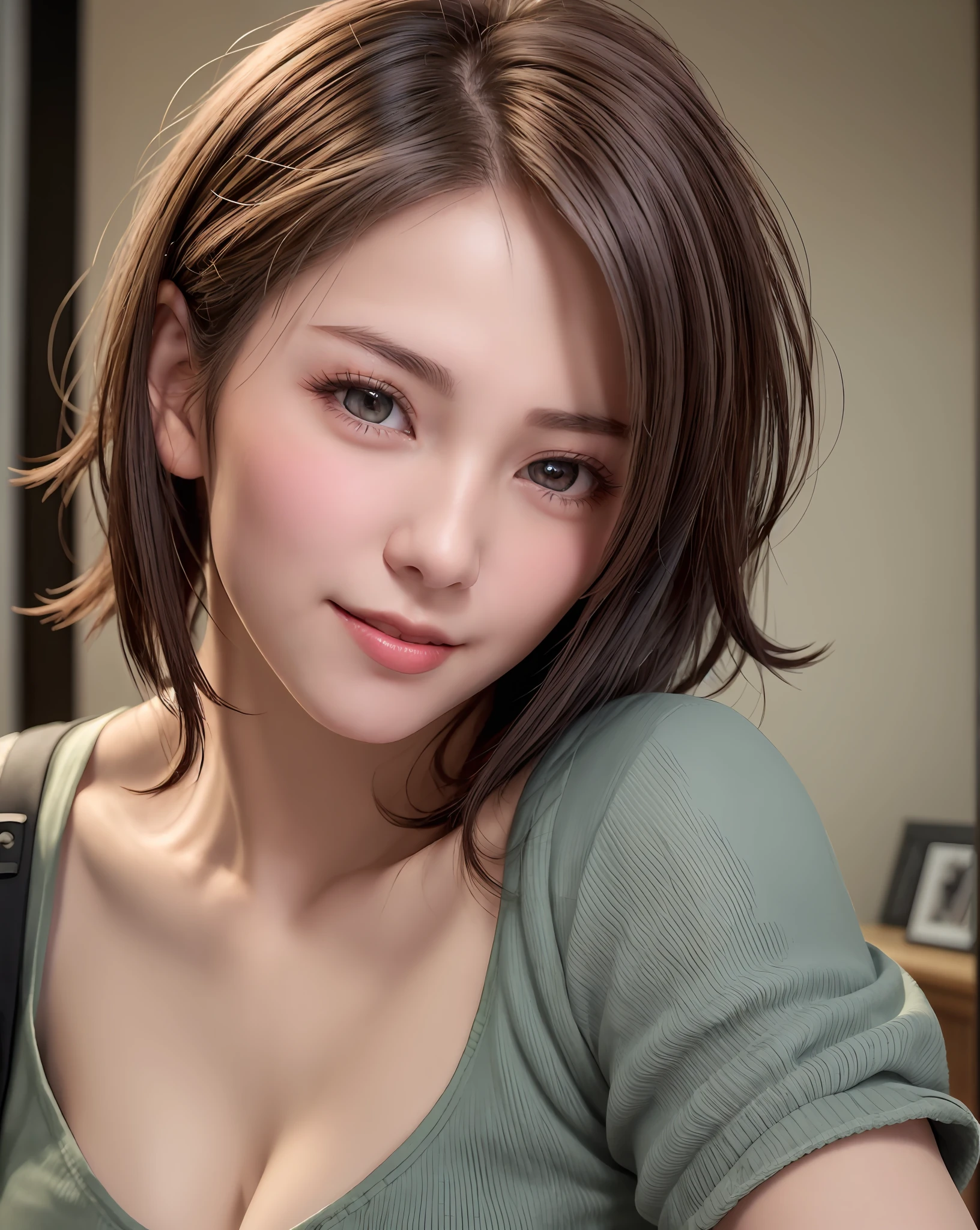 Best Quality, Ultra High Resolution, (Photorealistic: 1.4), Beautiful Eyes, Super Beautiful, Very Short Hair, Beautiful, Sweetheart, T-shirt with Rough Chest, Beautiful Soldier, Eyes That Invite Viewer, Lover's Perspective, Inviting Expression, Sexy Smile, Perfect Style, Perfect Balance, Detailed Skin, Naughty Gaze, Chest Visible