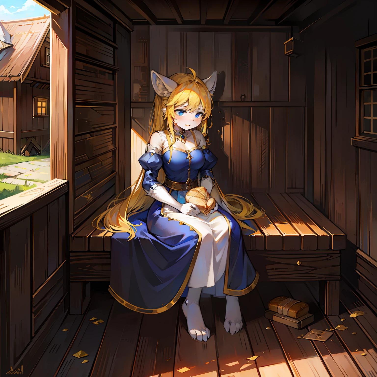 A beautiful woman is eating bread,A laborious expression,perspire,Yellow hair,White ears,White tail,blue color eyes,sat on the ground,Gnawing,medieval dress,The background is a wooden house