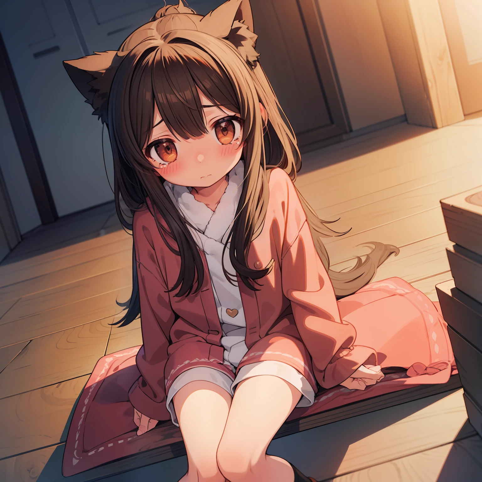 10 year old girl、sitting on、Facing the front、red blush、Teary-eyed、length hair、dressing gown、Black shorts、Toostock、brown shoes、Soft tones、Dreamy background、Every detail is meticulously explained.、High-quality CG illustrations、Best light and shadow、Vibrant colors