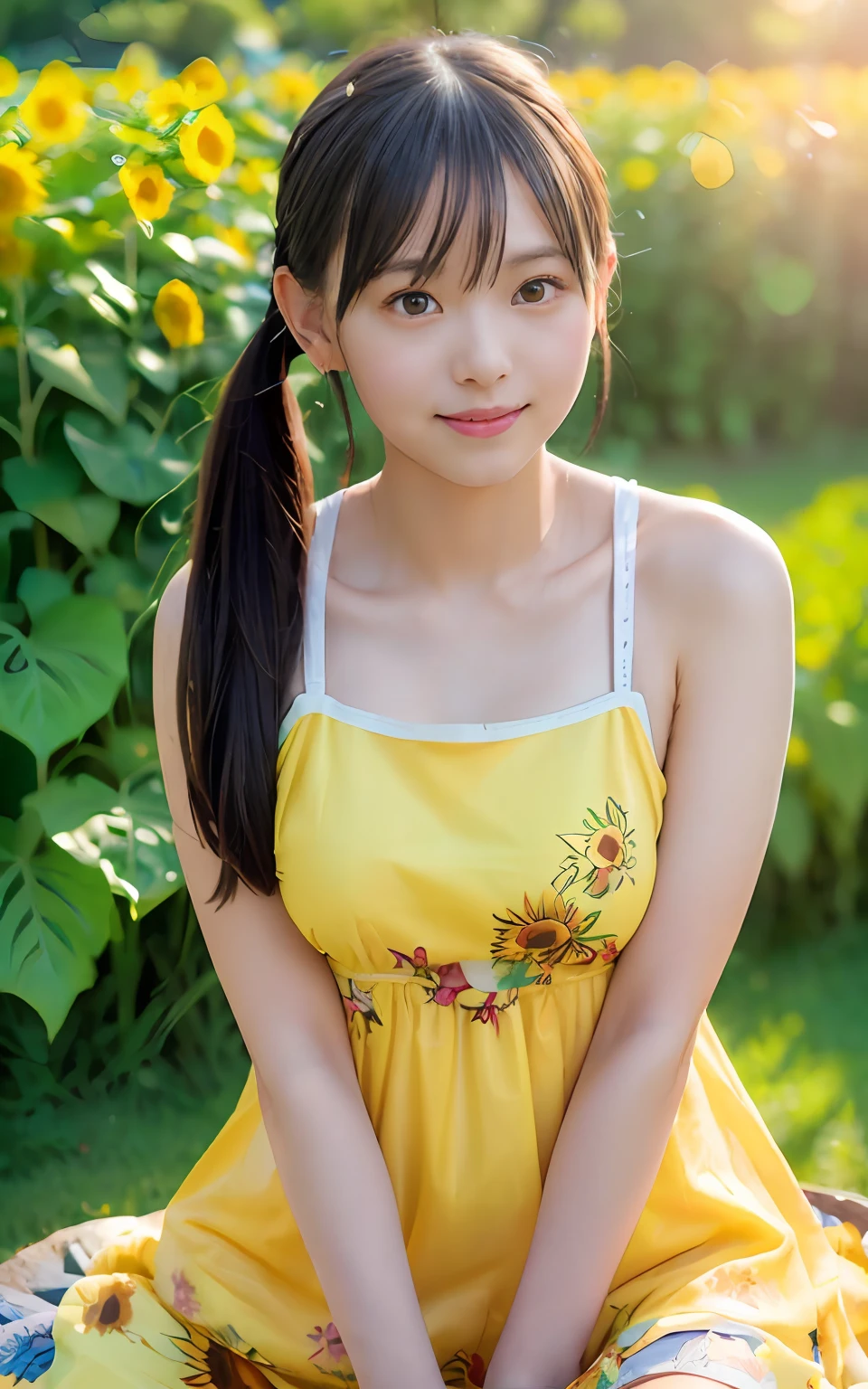 Foreshadowing of hydrangea、Bokeh、((Photorealsitic))、Braids、poneyTail、Surrounded by sunflowers、Background colorful sunflowers、Smiling、(1 girl in), (the setting sun:1.3), (8K, Raw photography, Top image quality, ​masterpiece:1.2), (realisitic, Photorealsitic:1.37), Top image quality, 超A high resolution, (Focus plane:1.8), (Portrait surface:1.7),  (detaileds:1.1), (Top image quality), (analogue:1.2), (High Sharpness), Photo taken by Canon EOS R6, 135 mm, 1/1250s, F/2.8, ISO 400, (summer  dress:1.4), (Vivid and colorful:1.3)