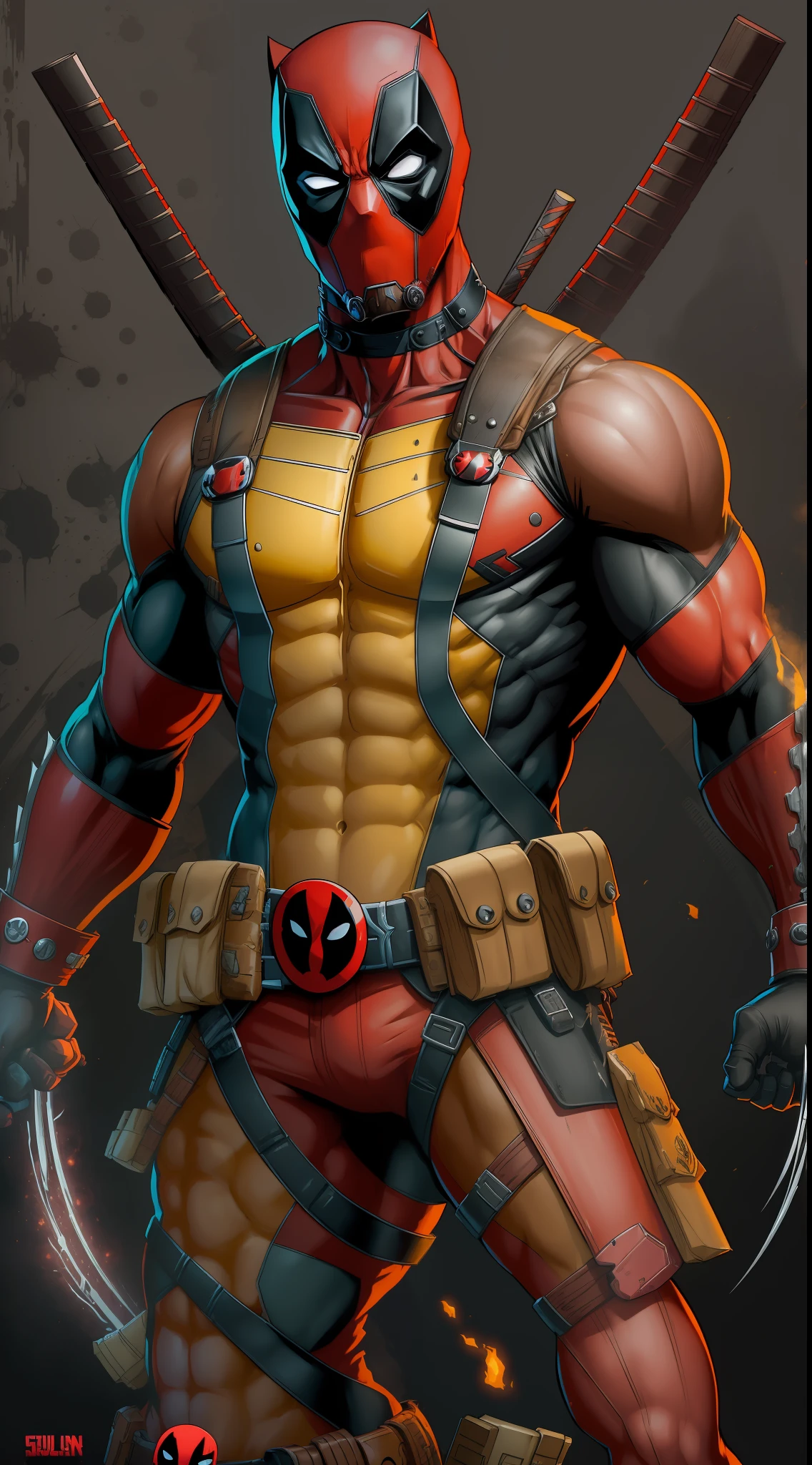 (Ultra resolution 8K), Epic work of art, impresionante,  Deadpool fusionado con Wolverine, creating an entity that combines the irreverent humor and chaotic nature of Deadpool with Wolverine's indestructibility and adamantium claws.. Su traje se mezcla con el atuendo distintivo de Deadpool, mientras sus garras brillan con un resplandor mortal. This fusion is a unique balance between sarcasm and ferocity., able to meet any challenge with bold and lethal style.