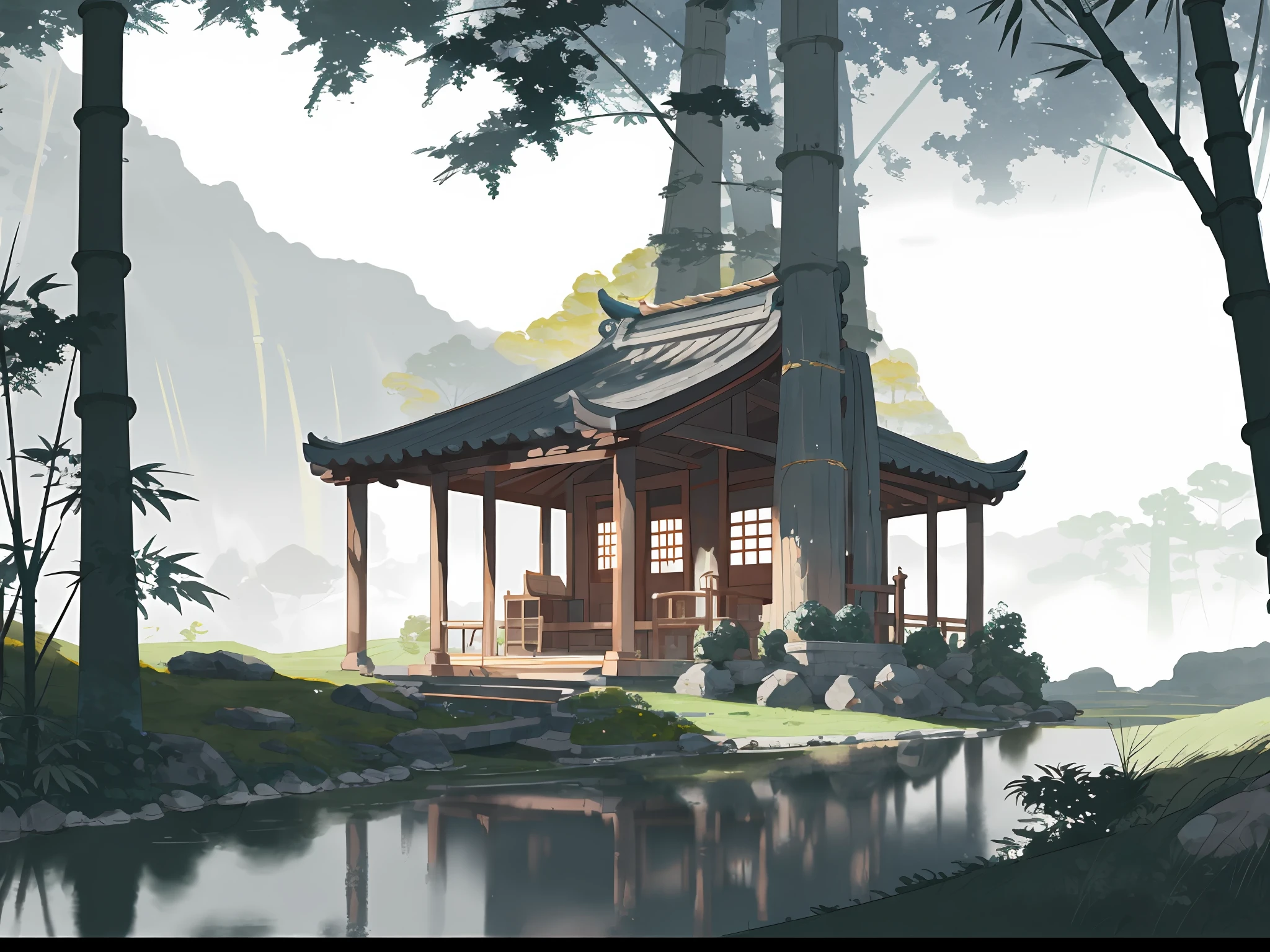 Ancient Chinese architecture, cool colors, dark night, moon, garden, bamboo, lake, stone bridge, rockery, arch, corner, tree, running water, landscape, outdoor, waterfall, grass, rock, dense fog, (Illustration: 1.0) , Epic Composition, HD Details, Masterpiece, Best Quality, (Very Detailed CG Unity 8k Wallpapers) --v 6