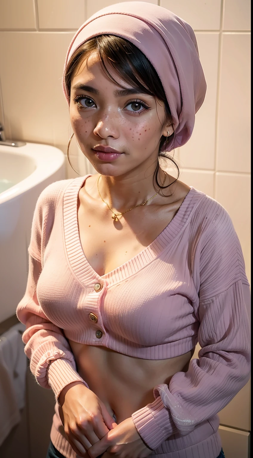 (Best quality, 8k, 32k, Masterpiece, UHD:1.2),Photo of Pretty 50 years old malay woman, matured, milf, small breasts, flat chest, pastel color knitted hijab, upper body,face focus, very small short pastel pink sweater, loose sweater, shoulder exposed, slim abs, pastel pink cotton high briefs, gold necklace, night in bathroom background, from above, bokeh, looking at viewer, detailed skin, skin texture detailed, freckles, mole below eyes, brown skin, blurry background, night time,