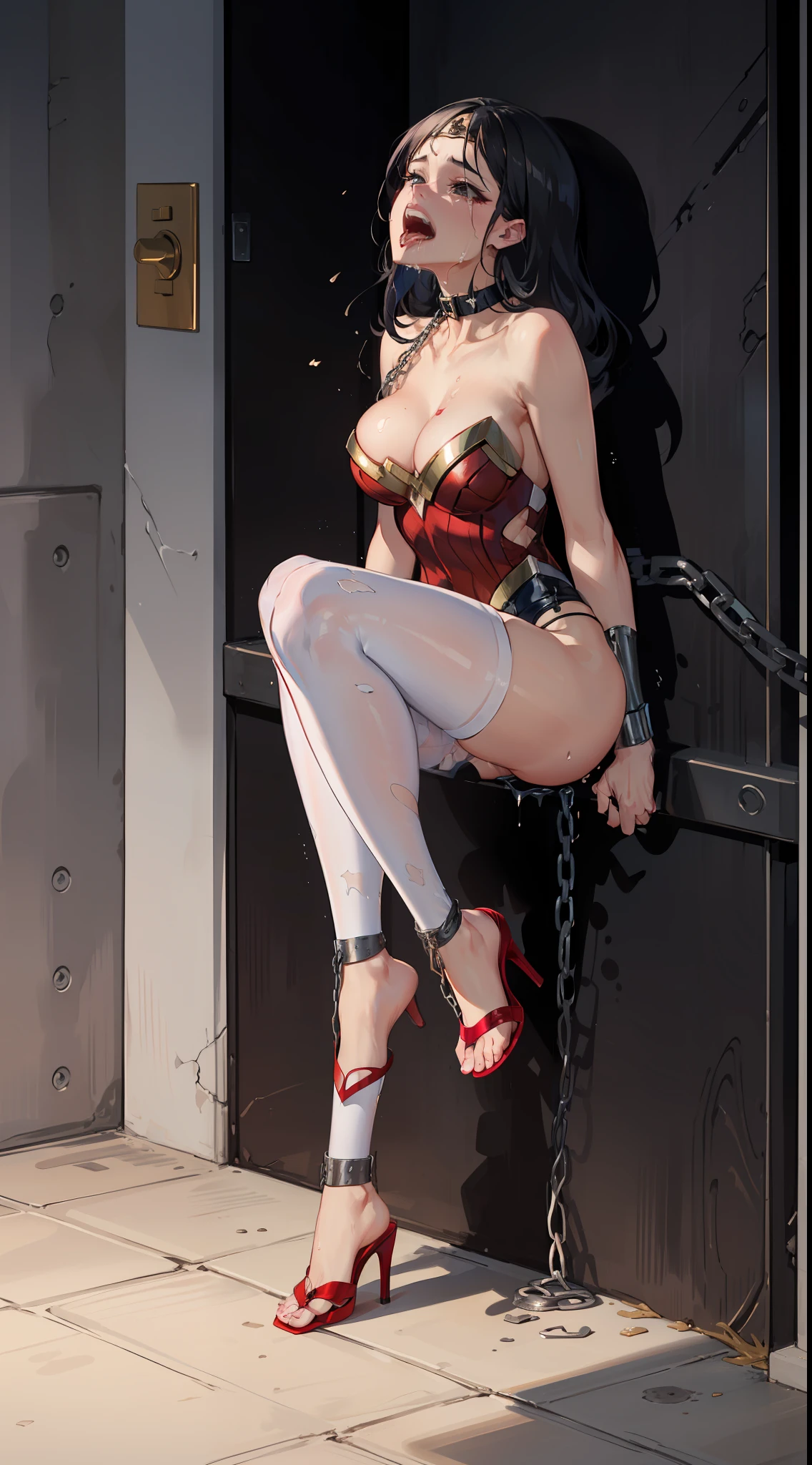 (( Em um castelo masmorras)) (( She is doing poledance )) (( His shorts are tattered, Your blouse is tattered, Your mesh is tattered, his uniform is tattered, seu traje esta esfarrapado, your clothes are tattered, his pantyhose are shredded and with holes)) sem calcinha, no-bra. WONDER WOMAN SUPERHEROINE . She's sweaty all over her body. (( your clothing is indecent, imoral )) Crescer, ela tem 30 anos. She's screaming in terror, She's terrified, She's crying a lot. Ela tem cabelos pretos, ela tem cabelos compridos. ((She's leaning against a corner of the wall, enrolado )). She wore a suspension belt and Fishnet Footless pantyhose and maid's lace line. Capturado, Sequestrado, abandonado, Torturado, escravizado, envergonhado. ((His hands are attached to the wall by handcuffs with thick chains. His ankles are tied to the ground by handcuffs with thick chains)). She screams and begs for mercy, Ela cai no choro. The ropes run down the middle over her back through her married sleeve swimsuit to tie her legs just above her knees and ankles. Wearing a thick metal necklace around the neck with a chain. Forced into prostitution. ( your clothes are wet, your pubis is swollen ) (Sua urina corre pelas pernas dela, dripping on the floor. (( She's wearing painful slave heels.)). She's all scratched. Areola of the protruding breasts.