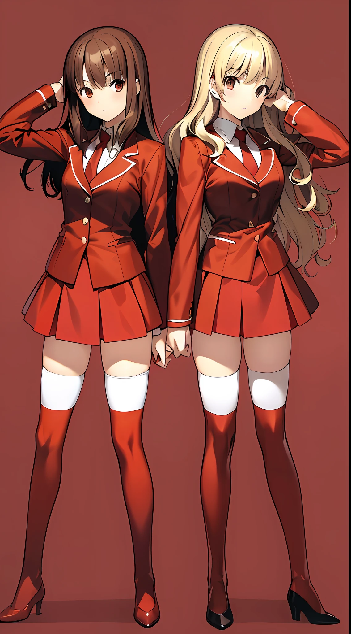 takeuchi takashi, ((Masterpiece, highres)), 2girls, duo, twins, teenagers, ((one brown haired girl, one blonde girl)), long hair, curly hair, matching hairstyles, different hair color, confident, elegant, rich girls, hazel eyes, happy, arms at sides, straight backs, (((matching outfits, identical outfits, matching uniforms, red blazer, red pencil skirt, white thighhighs, thighhigh socks, red high heels, same color outfits))), standing at attention, shoulder to shoulder, same pose, family picture