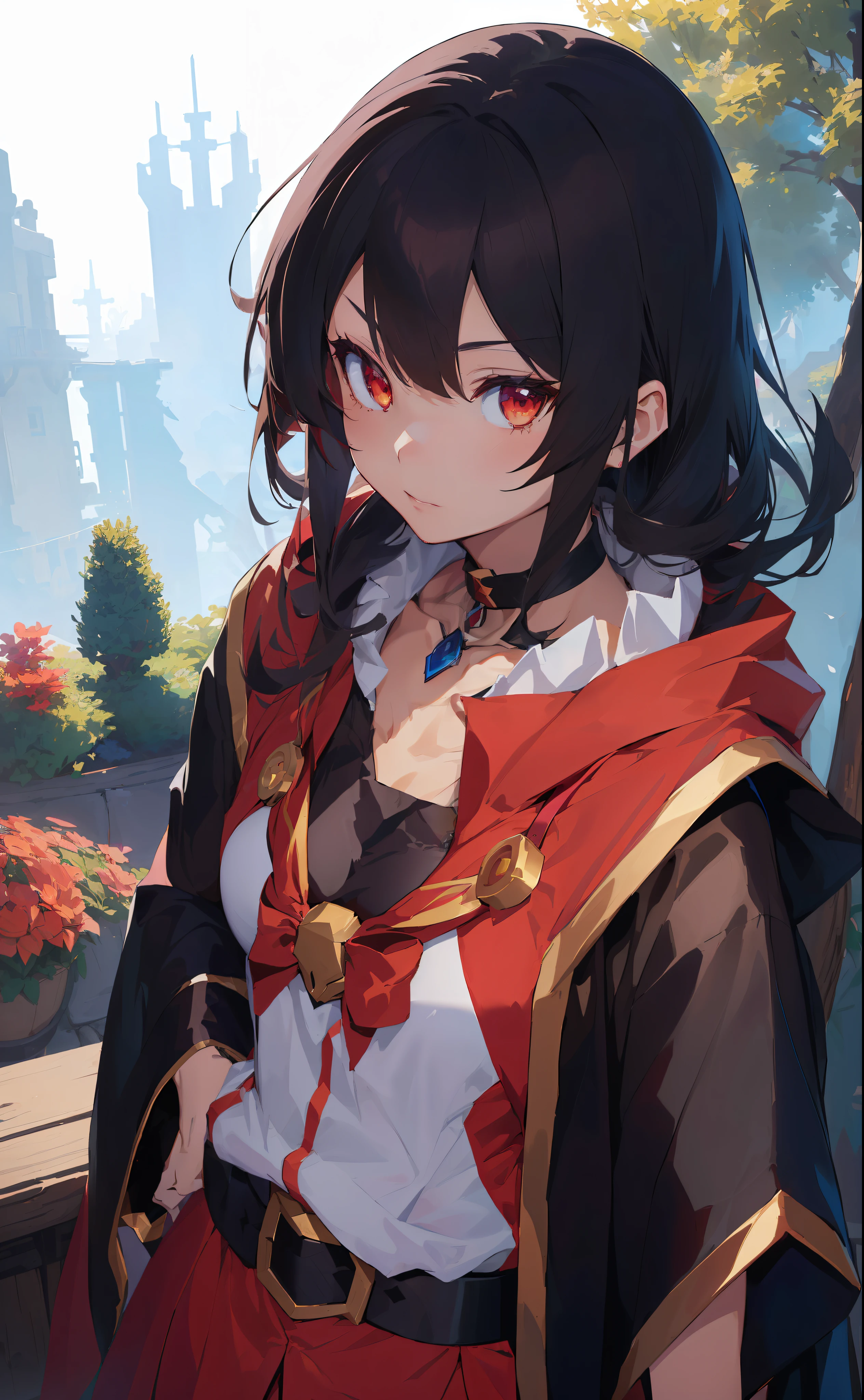 anime character with a necklace and a necklace around his neck, style of duelyst, half invoker half megumin, megumin, tsuaii, final fantasy tactics character, black - haired mage, fate grand order, tsukasa dokite, inspired by Li Chevalier, hyperlight drifter, wearing a brown cape, official art, with cape