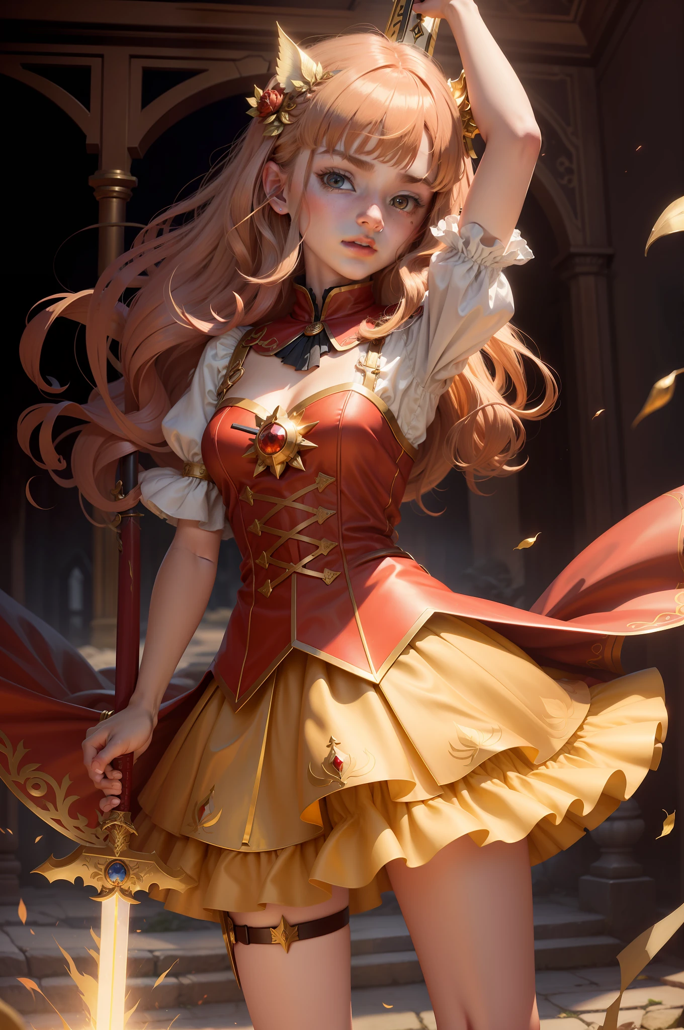 The last period，whaite hair，The eyes are red，adolable，Holding a deep gold imperial sword，Wearing a fairy dress，Kind of interesting，Be empathetic，youthfulenergy，The hand holding the sword has only 5 fingers！Fingers close to the hilt
