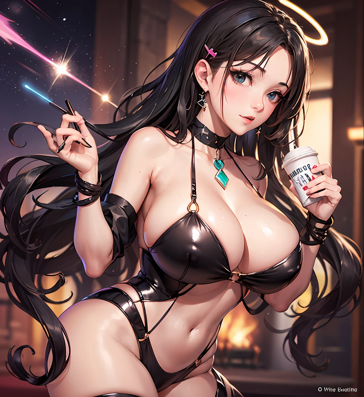 （（8K，tmasterpiece，realisticlying，The most beautifully illustrated），（（（Bust photo）））（Hyper-detailing，Ultra-clear，naturey），（（Black wavy extra-long curls）：1.3，choker necklace，ear jewelry，Pink and moist lips，），1 busty girl，the night，Cafe on top of the hill，Exhaustive coffee，Extra-long black hair，Black coiled hair，Hair is shiny，Halo galaxies，（light stre），striking visual effects，（dynamic streaks，Luminous trajectory：1.2），vivd colour，magical little girl，Sexy and elegant black robe，Elegant and beautiful hairpins，Wavy black hair，naked leg，Reasonable movements，gigantic cleavage breasts，Slender beautiful legs，Stretch meat，Fair and moisturized skin