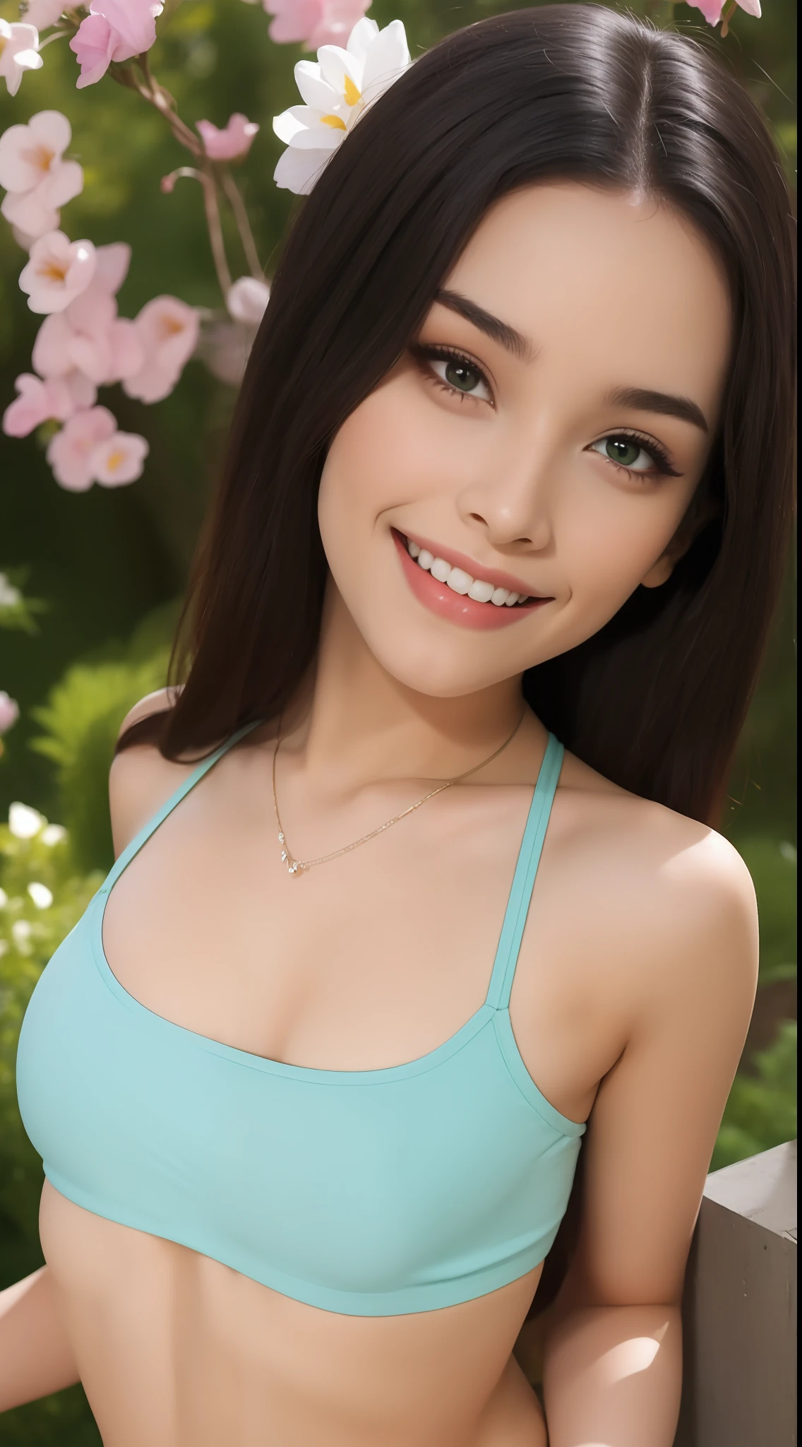 Fashion model  [[[[closeup cleavage]]]], [[[[boobgasm]]]], [[[[coll]]]], [[[[bshoulders]]]], perfect  eyes, Perfect iris，Perfect lips，perfect teeth，Perfect skin，with fair skin，Soft front light，hdr，Movie girl，Casual，ssmile，The background is outdoor，Green trees and flowers，（pastel colour：1.2）