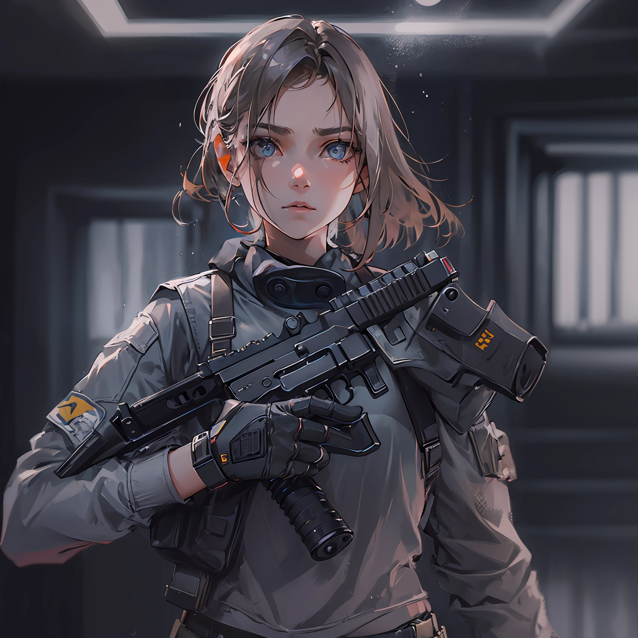 (1girl:1.3), holding a gun, pistol, glock17, Hold the Glock17 diagonally in front of the chest, Hold the barrel with your left hand, The fingers of the right hand are on the trigger, Center Axis Relock System