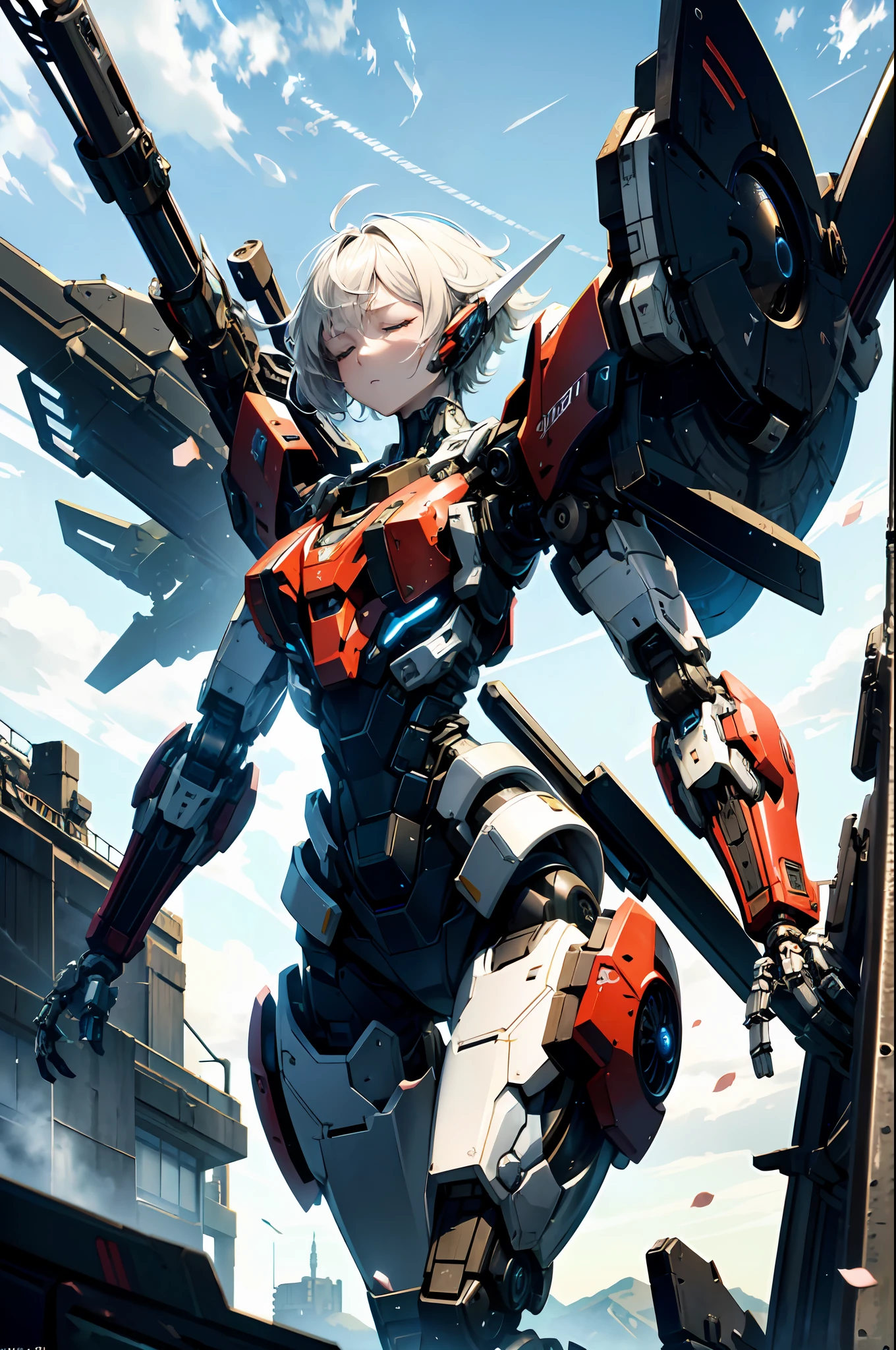 top-quality, masterpiece, Machines with fine details, unbelievably beautiful, very delicate 8k wallpaper, Transcendent Beautiful Girl, Machine body, Mechanical Naked Cyborg, mecha musume, White hair, short-hair, (closed eyes:1.5), Inorganic skin, Science Fantasy, (Exoskeleton body), (Mechanical joints, machanical limbs), Fine mechanical parts, sideboob, bloom, super fine concept art, extremely detailed, hawken, sci fi battlefield, (Holding a huge weapon: 1.5), holding an oversized shield,