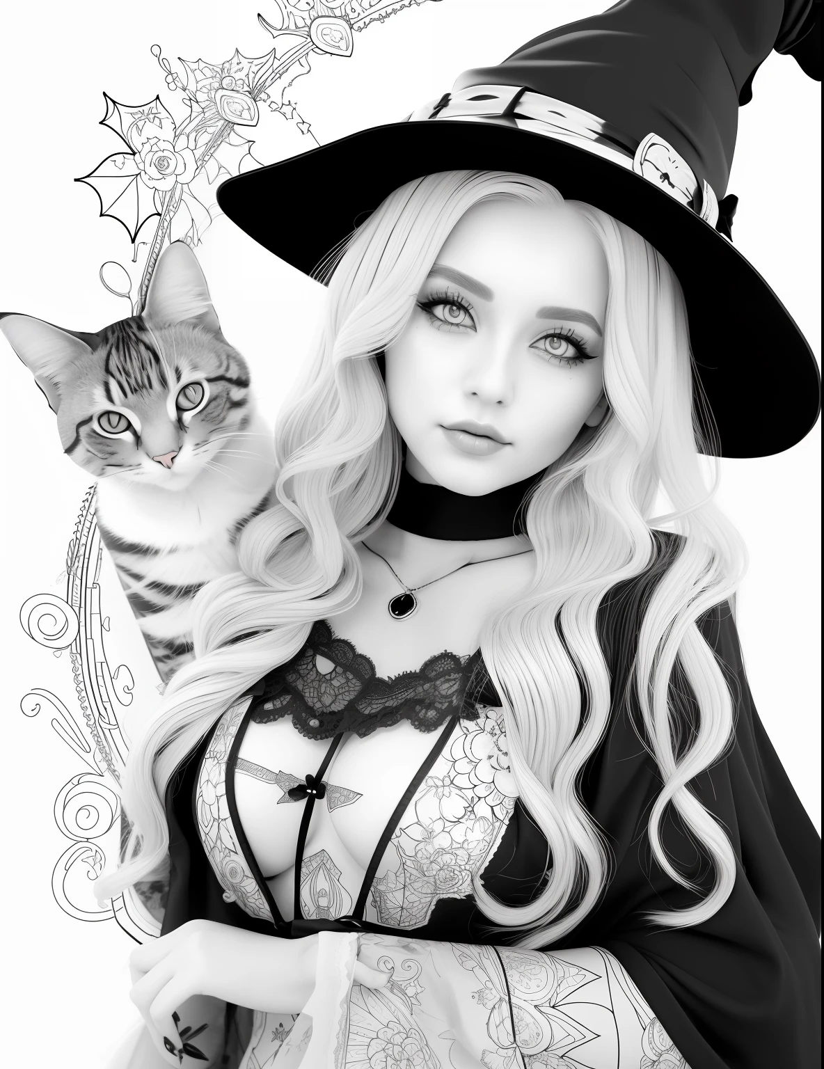 A coloring page with a girl and a cat in a Halloween scene, beautiful witch spooky female, line art colouring page, Retrato de uma jovem bruxa, Bruxa bonita com cabelo longo, black and white coloring, beautiful witch female, coloring book outline, Retrato de uma jovem bruxa, bruxa feminina bonita, clean coloring book page, bela arte de linha, arte vetorial em preto e branco