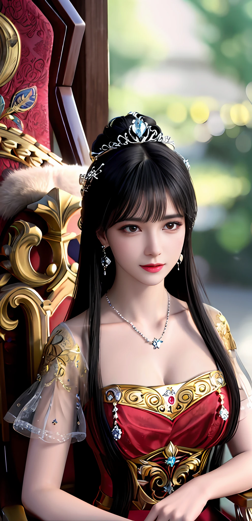 (realisticity: 1.2), best quality, 8K UHD, masterpiece, highres,cg,
1 super detailed girl, super detailed queen
, sitting on a super detailed royal throne, lud, xurious royal palace background, beautiful and detailed, super detailed long hair, wearing a beautiful and luxurious crown with diamonds and super detailed,
super detailed dress, Super detailed dress sleeves, super detailed beautiful earrings, Beautiful and beautiful necklace full of super detailed diamonds,
solo, jewelry, super detailed red and yellow dress, pretty face, beautiful, and super detailed,
, earrings, super detailed hairdo, splashing, the upper body is very super detailed, super detailed hair bun, super detailed black hair,
lighting,candid,Photograph,high resolution,4k,8k,Bokeh,