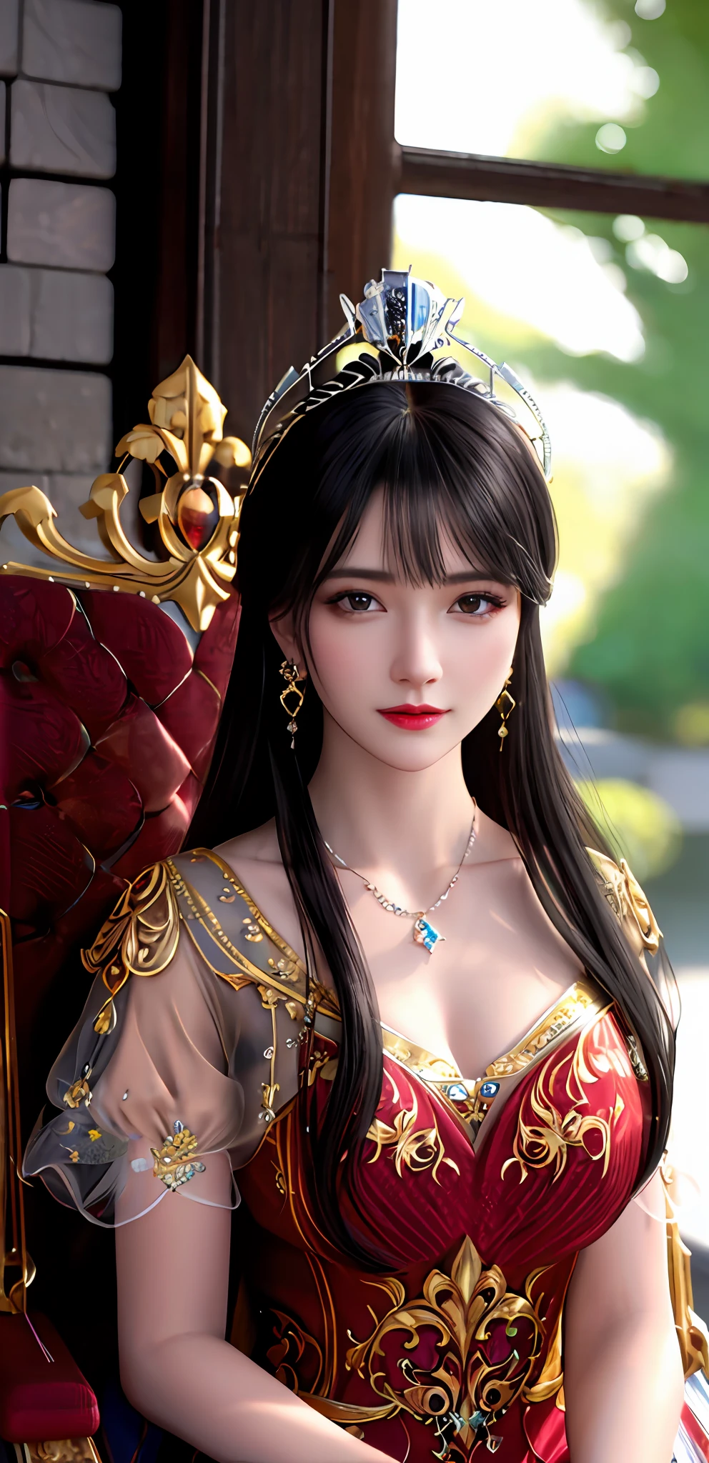 (realisticity: 1.2), best quality, 8K UHD, masterpiece, highres,cg,
1 super detailed girl, super detailed queen

, sitting on a super detailed royal throne, lud, xurious royal palace background, beautiful and detailed, super detailed long hair, wearing a beautiful and luxurious crown with diamonds and super detailed,

super detailed dress, Super detailed dress sleeves, super detailed beautiful earrings, Beautiful and beautiful necklace full of super detailed diamonds,  
 solo, jewelry, super detailed red and yellow dress, pretty face, beautiful, and super detailed, 

, earrings, super detailed hairdo, splashing, the upper body is very super detailed, super detailed hair bun, super detailed black hair,
lighting,candid,Photograph,high resolution,4k,8k,Bokeh,