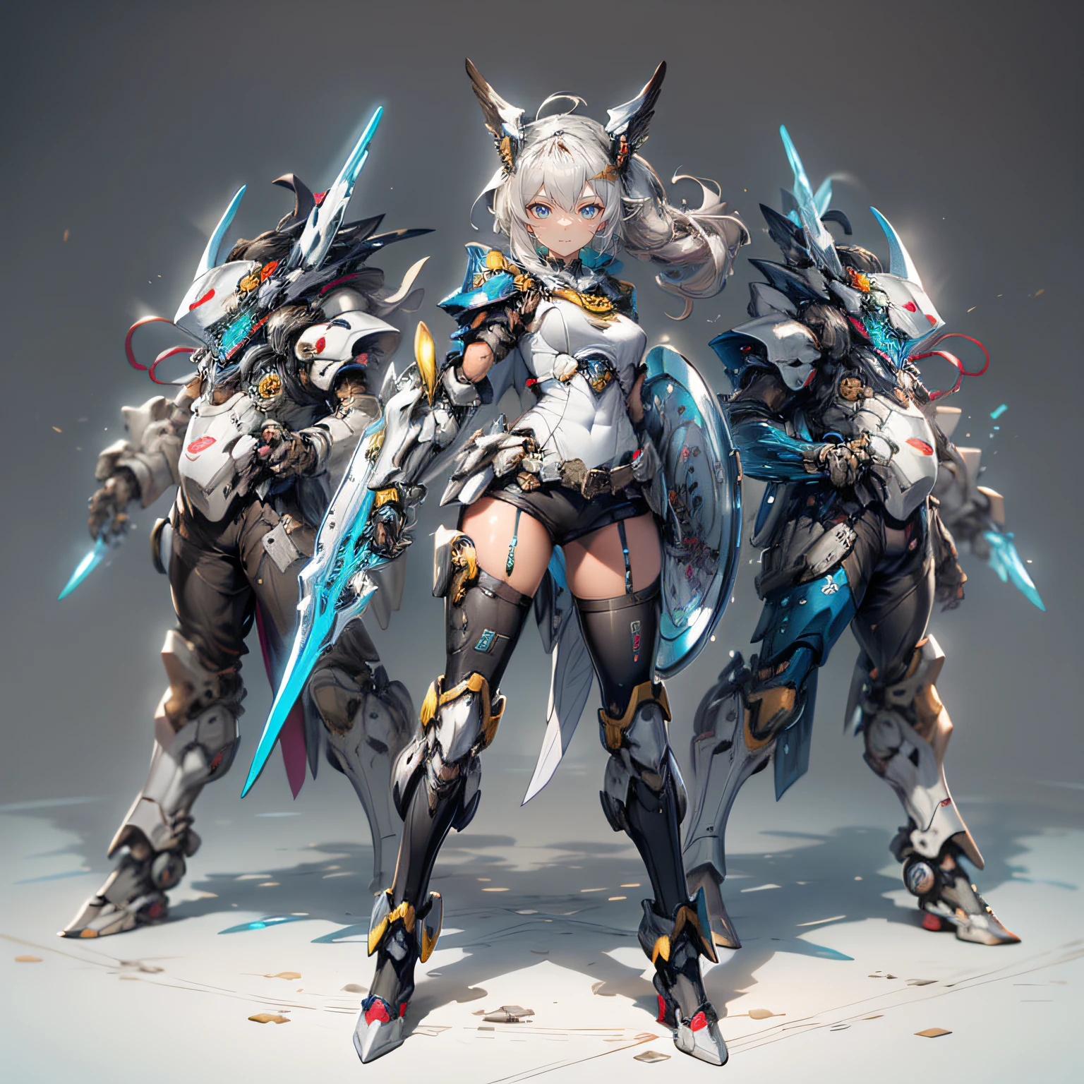 A group photo of an anime character in armor, Mechanized Valkyrie girl, Armor Girl, trending on artstation pixiv, chengwei pan on artstation, From the night of the ark, Guweiz on ArtStation Pixiv, arknight, girl in mecha cyber armor, Guweiz in Pixiv ArtStation, Kushatt Krenz Key Art Women,There is a police sign