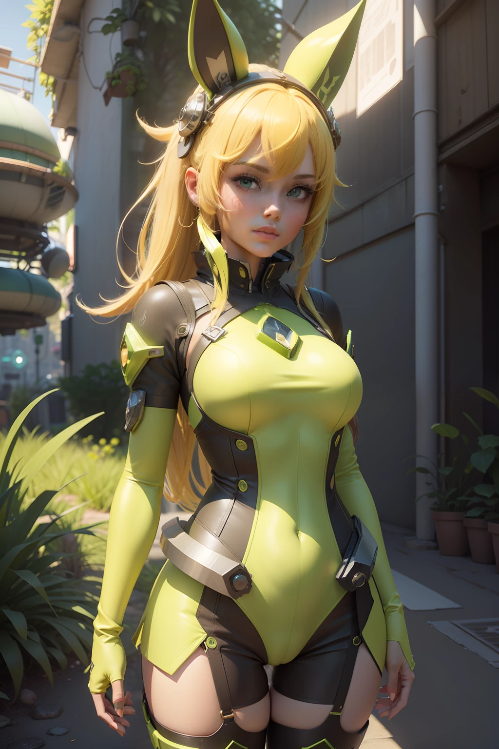 1girl, anime portrait, bunnygirl, (bunny ears), (blonde hair), blue eyes, ((solarpunk outfit)), solarpunk city background, (biophilic design), (((ecofuturism))), (solarpunk), fantasy art, digital painting, (cryengine), ((3d shaded)), nvdia ray tracing, trending on artstation, by WLOP, (yellow green), (spring green), saffron yellow, ((lime colors)), chartreuse color, bright colors, apricot color