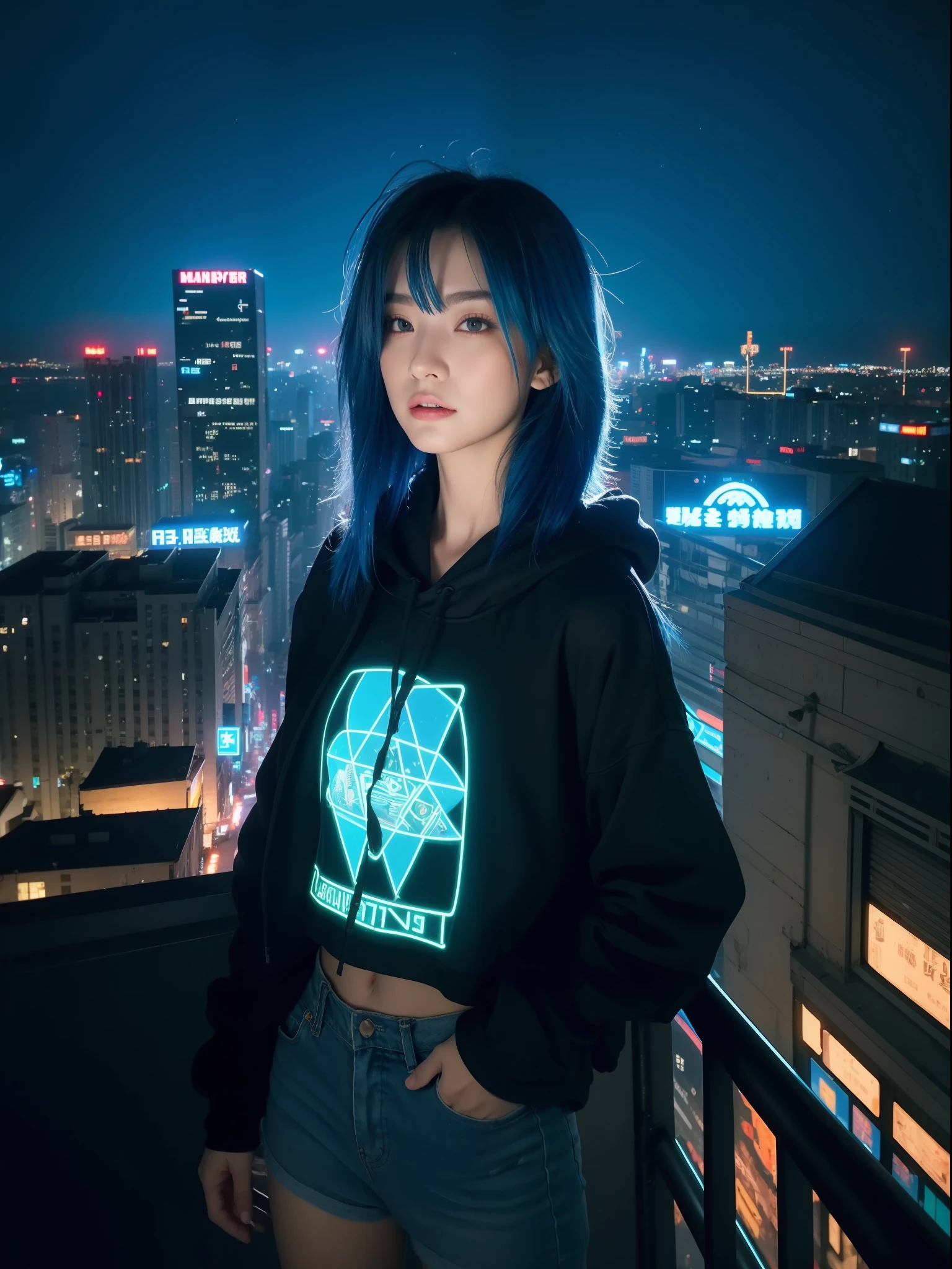 (Masterpiece), Best quality, 超高分辨率,Little girl, cyberpunk 1girl flying above stunning cityscape ,Hoodie,Blue hair, neon color shooting stars, Very long hair, cropped shoulders, feathers hair ornament, Neon colors, Twinkle, stunning night sky, Cinematic lighting, Photorealistic, Realistic skin, hdr,fish eye