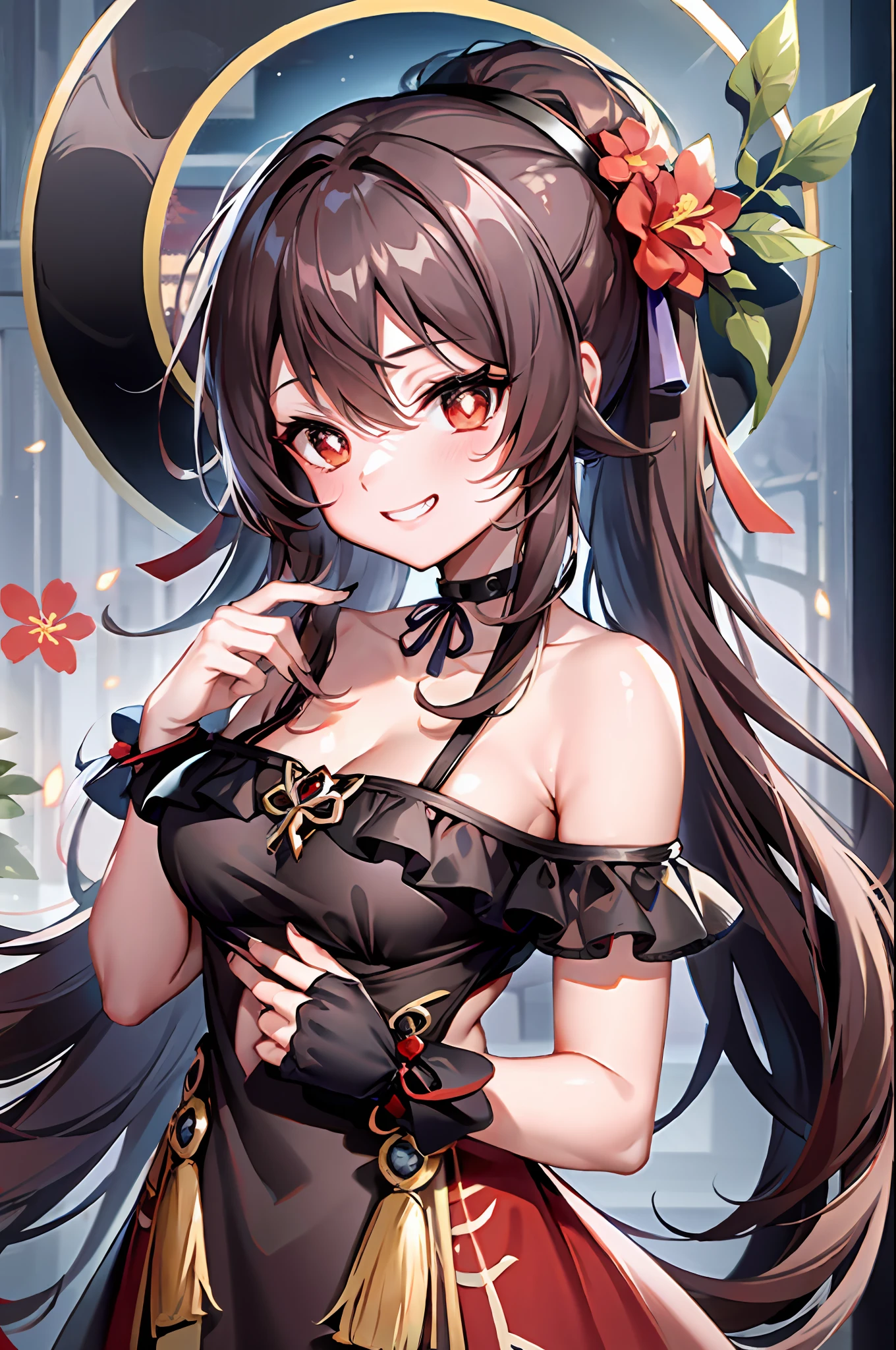 1girl, hu tao (genshin impact), hat, flower on hat,brown hair, twintails, smile, dress, long hair, off-shoulder dress, ahoge, looking at viewer, red dress, bare shoulders, grin, red eyes, flower-shaped pupils, blush, bangs, breasts, choker, collarbone, solo, nail polish, black nails, ribbon choker, bow, hair between eyes, hair ornament, sidelocks, cleavage, wrist ribbon, very long hair, teeth, cowboy shot