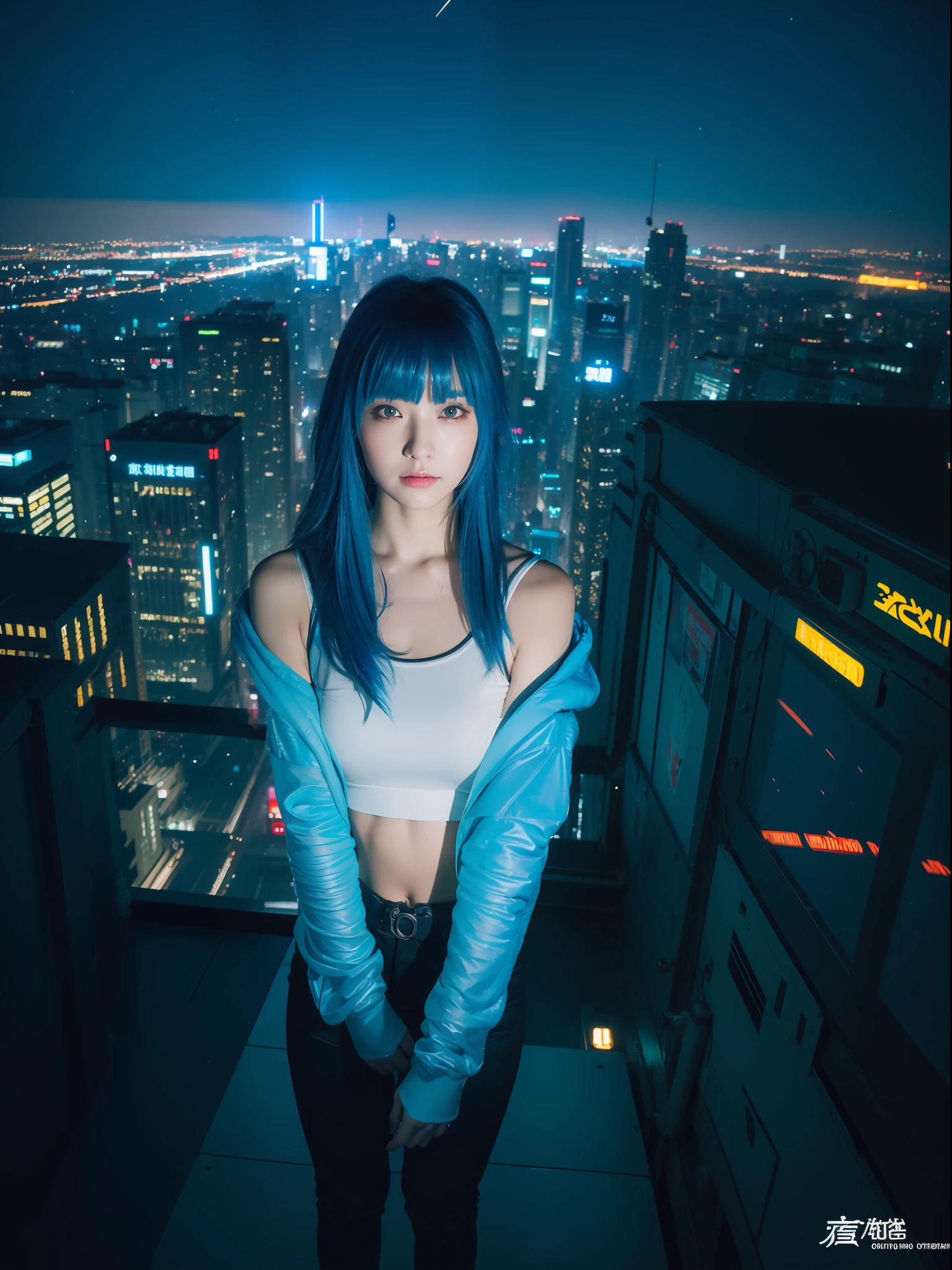 (Masterpiece), Best quality, 超高分辨率,, cyberpunk 1girl flying above stunning cityscape ,Hoodie,Blue hair, neon color shooting stars, Very long hair, cropped shoulders, feathers hair ornament, Neon colors, Twinkle, stunning night sky, Cinematic lighting, Photorealistic, Realistic skin, hdr,fish eye
