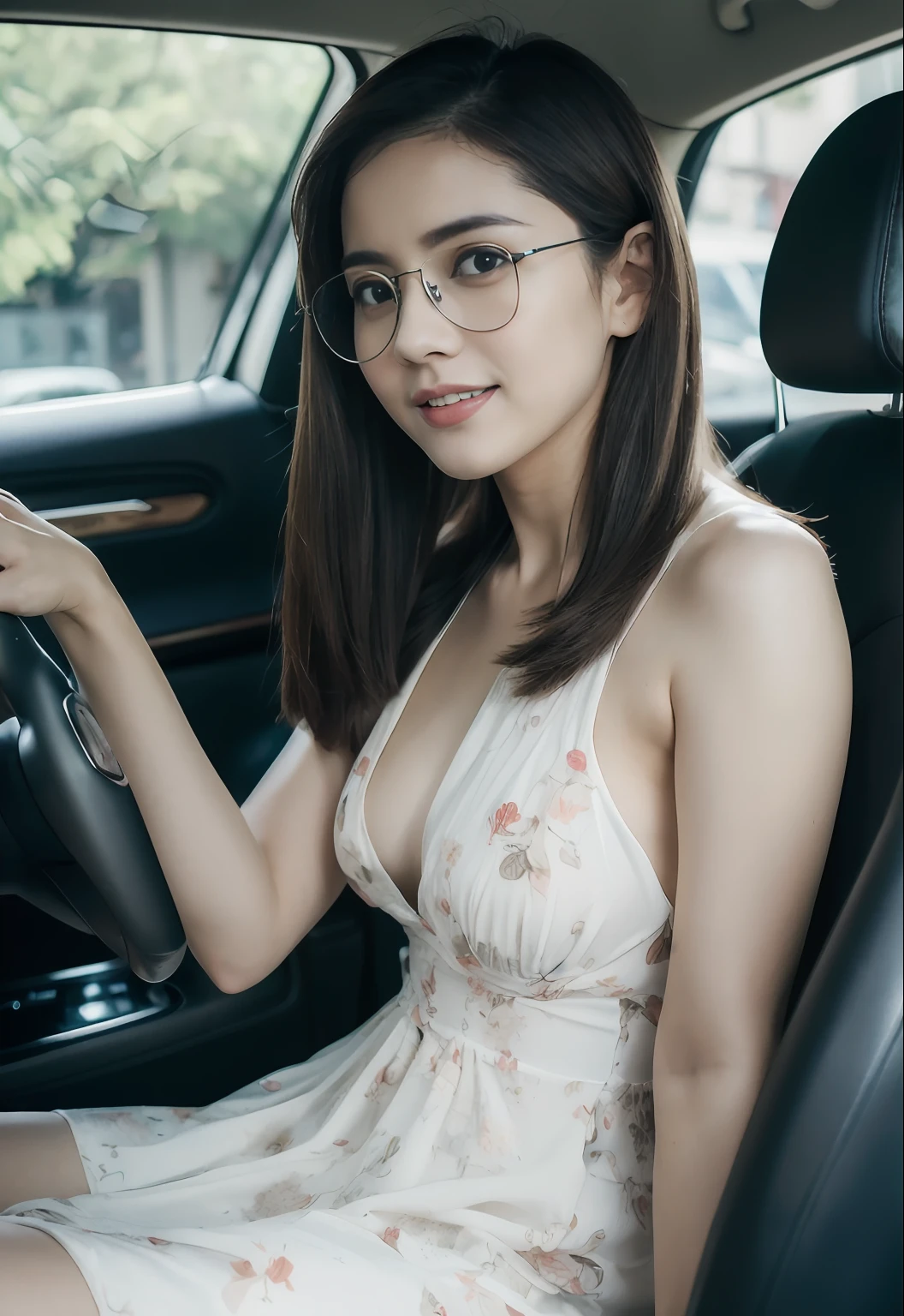 Marian Rivera, NSFW, 30 years old,((Full Body)), beautiful smile, slim faces, slim body, cross legs, naugty faces, (64k, RAW photo, best quality, masterpiecel1.4), (realistic, photo-realistic:1.37), (micro:1.4), ((Wearing Floral white mini dress)), looking at viewers, white skin, ((sitting in a car, hand on steering)) Weavy brunette hair, Long hair, (lighting),dynamic pose,visible bugle nipple, ((beautiful eyes), erotic, HDR, highly detailed, ambient occlusion, natural, harmonious composition, fine art photography, sitting next to a young man, a young man who looks like a high school student and wears glasses, the woman's hand touches the crotch of the young man