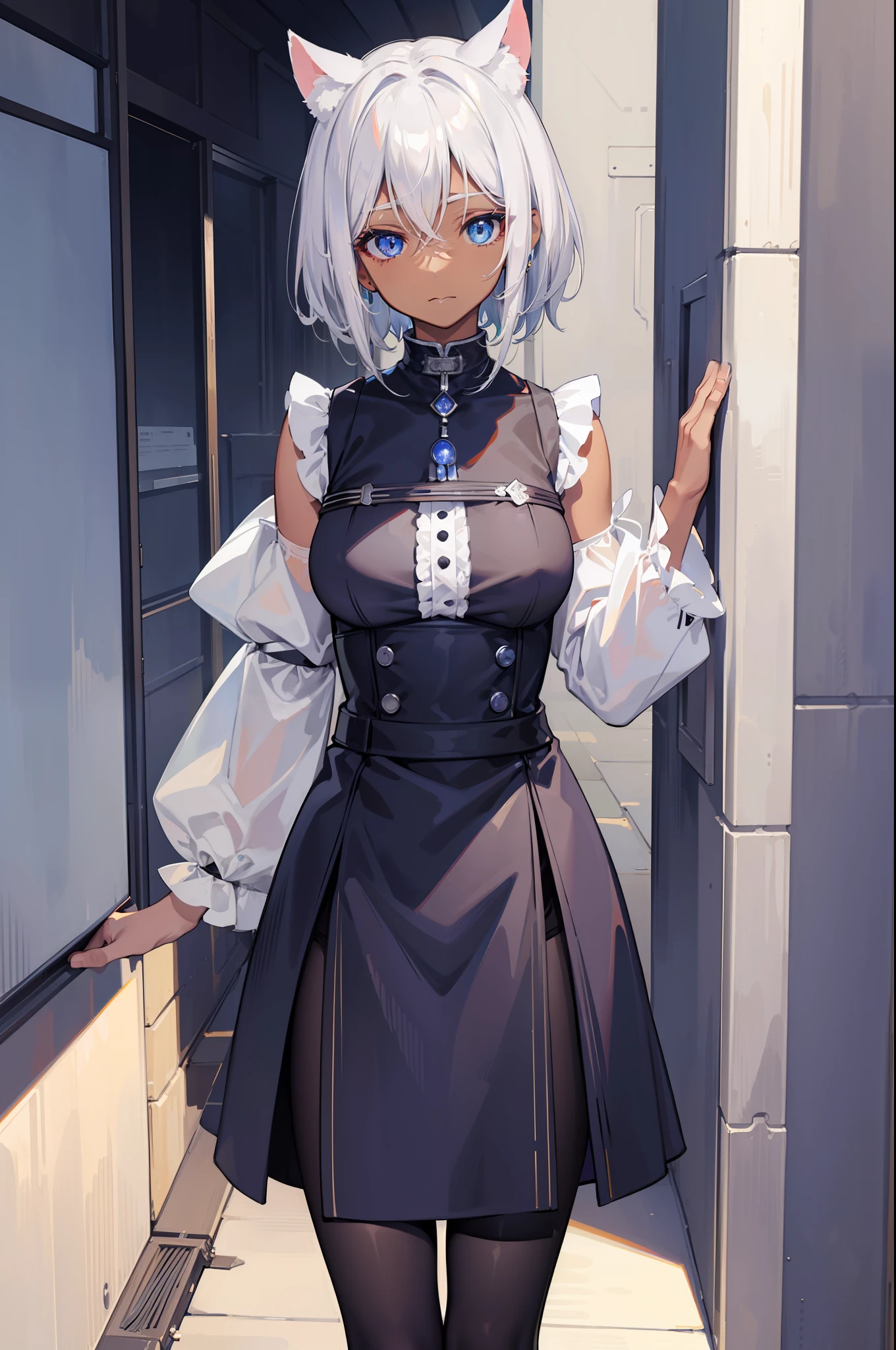 masterpiece,(bestquality),highlydetailed,ultra-detailed, dark, solo, dark skin, blue eyes, short hair, silver hair, white hair, busty, shy, modest, inexperienced, cat ears， (revealing outfit),maidennurse