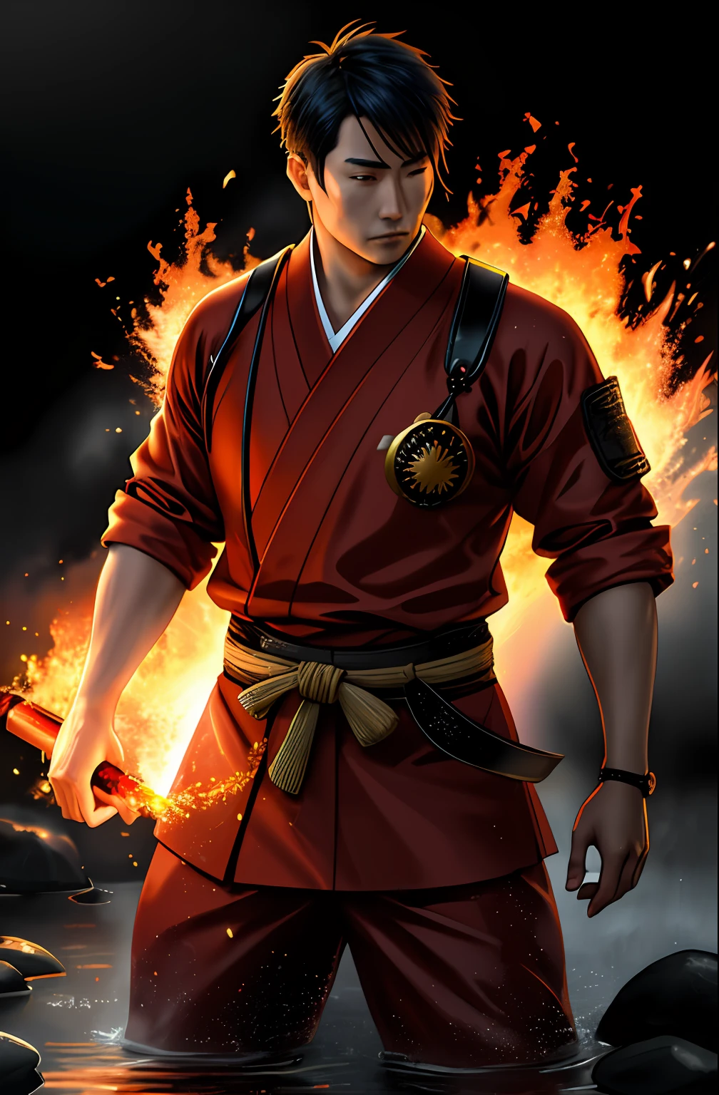,Japanese Fire man with water on his hand,man fire , japanese fireman with water in his hands,water,waterthe whole black forest on fire, hell on earth,an fire manstand and look, ultra detailed, action pose, cinematic lighting, volumetric light, subsurface scattering, (detailed clothing, detailed clothing texture), black_background, surrealist:0.33, mature adult:1.6, stunning, award winning, masterpiece,