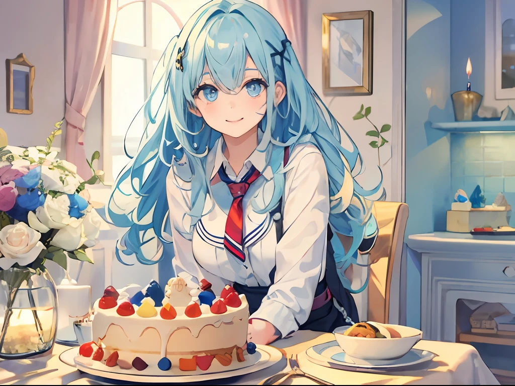 Best quality, tmasterpiece, A 12-year-old girl，Long light blue hair and blue eyes，Happy expression，At the dinner table at home，Birthday cake on the dinner table，Clear facial features