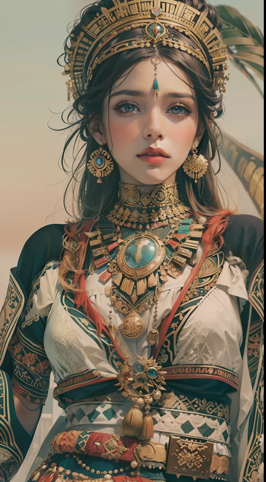 Beautiful woman in intricate Tribal Vintage Boho Outfit