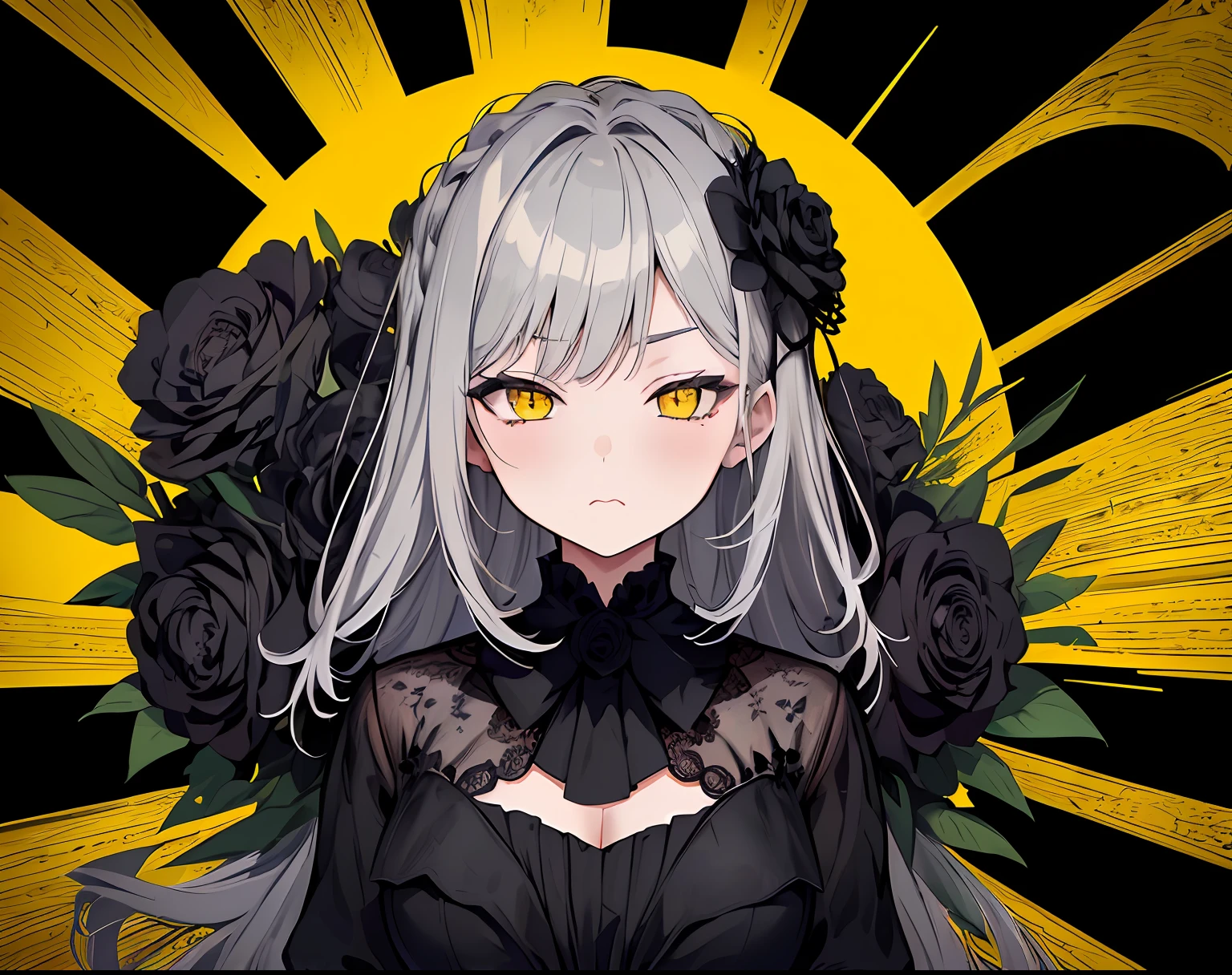 (top quality, masterpiece), (1 girl, solo, black suit, standing, watching viewer, gray hair, yellow eyes, mouth closed, upper body), (huge black bouquet background, floral background)