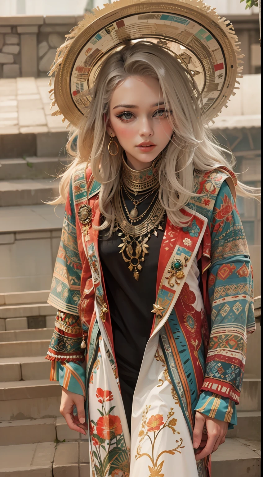Beautiful woman in intricate Tribal Vintage Boho Outfit