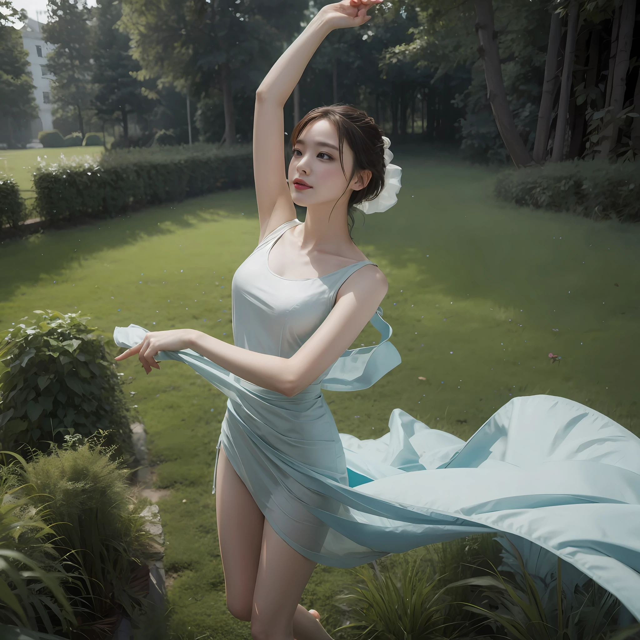 The dress is gathered at the waist, nude
