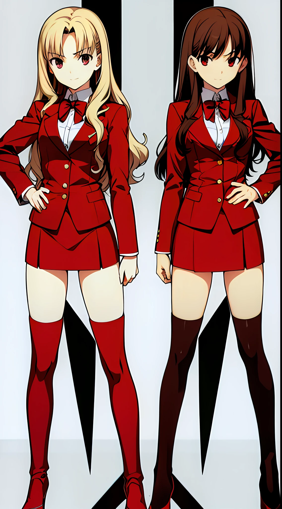 takeuchi takashi, ((Masterpiece, highres)), 2girls, duo, twins, teenagers,  ((one brown haired girl, one blonde girl)), long hair, curly hair, matching hairstyles, different hair color, confident, elegant, rich girls, hazel eyes, happy, (((matching outfits, identical outfits, matching uniforms, red blazer, red pencil skirt, white thighhighs, thighhigh socks, red high heels, same color outfits))), standing at attention, shoulder to shoulder, same pose
