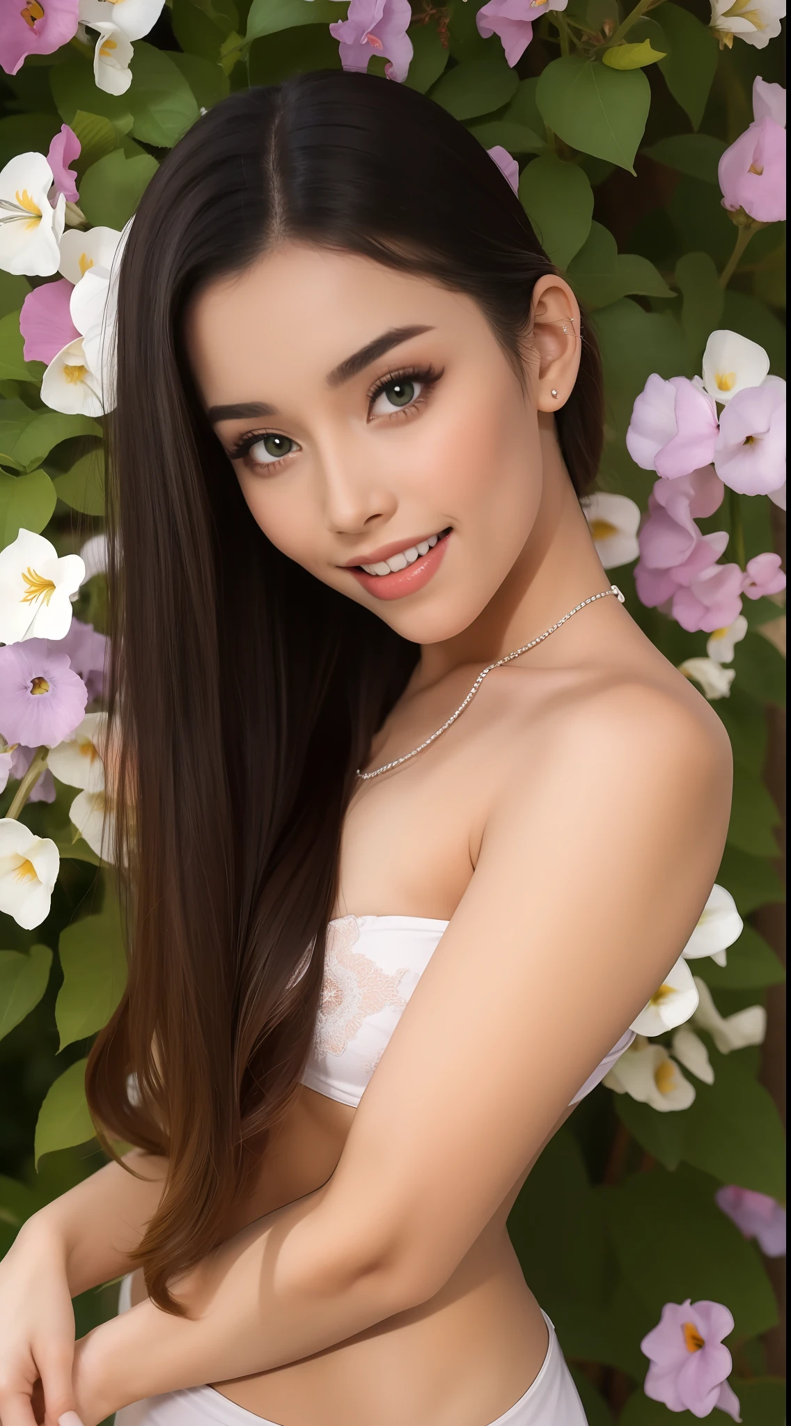 Fashion model  [[[[closeup cleavage]]]], [[[[boobgasm]]]], [[[[coll]]]], [[[[bshoulders]]]], perfect  eyes, Perfect iris，Perfect lips，perfect teeth，Perfect skin，with fair skin，Soft front light，hdr，Movie girl，Casual，ssmile，The background is outdoor，Green trees and flowers，（pastel colour：1.2）