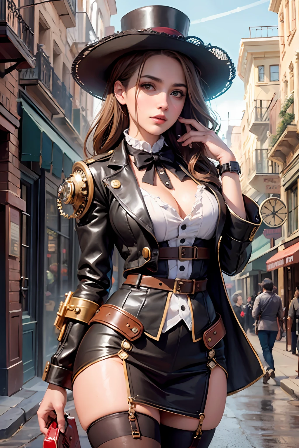 cute steampunk Ana De Armas wearing a stylish steampunk outfit in a steampunk street, cinematic