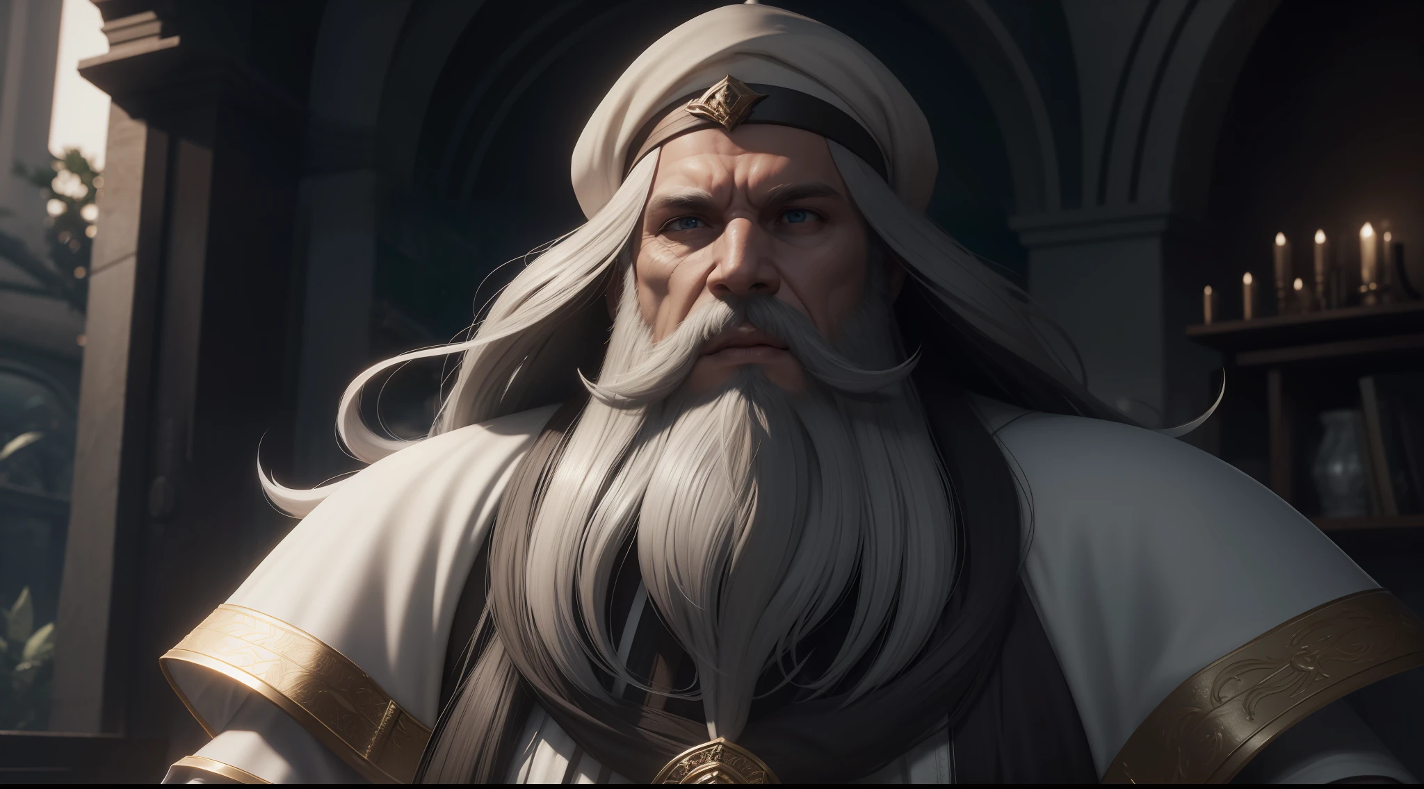 Homem em um manto branco e capa dourada com um capuz branco, a prophet of the past in epic and glorified form, image of man, long male hair, big white beard;, Fantasy Style 8k Octane Rendering, detailed cinematic render, dressed like a cleric, non-Unreal Engine 5 rendering,
