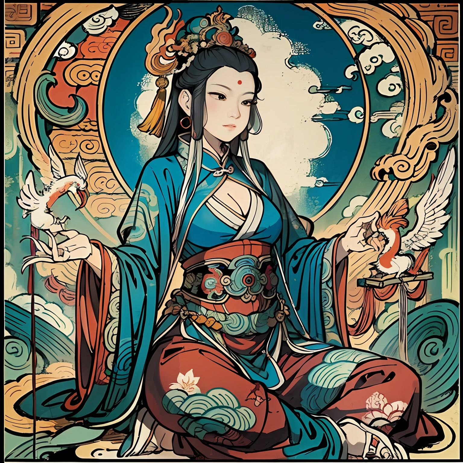 an ancient Chinese goddess, guanyin of the southern seas, Guanyin, Inspired by India, Avalokiteshvara rides a phoenix,,Serene expression,shui mo hua,Buddha,Buddhist,Lotus,Chinese painting style,Thangka style