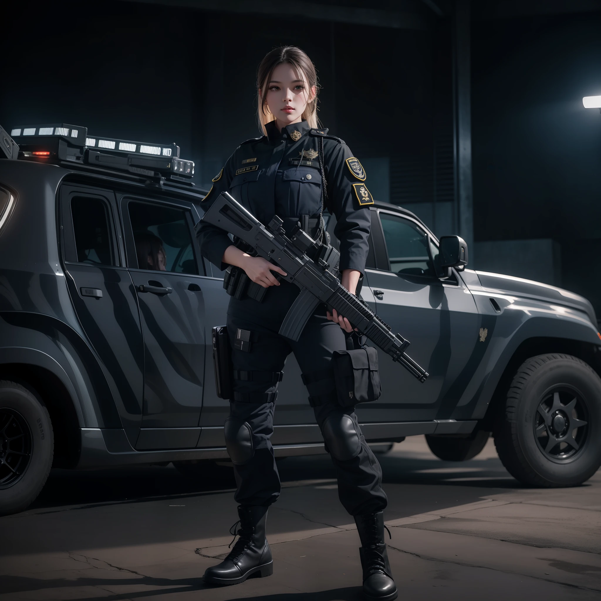 Beautiful tall attractive woman with black swat military uniform holding a gun night scenario with swat car with cyrene in the best quality and best effects best shadows best lighting 8k