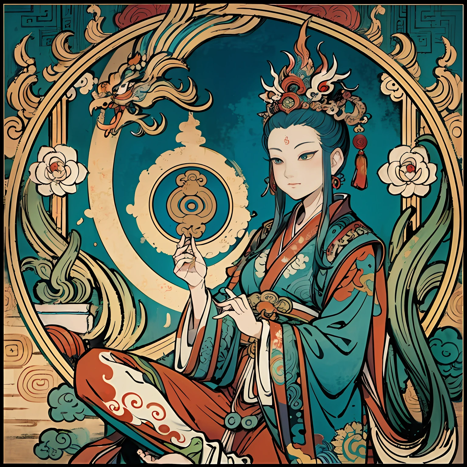 an ancient Chinese goddess, guanyin of the southern seas, Guanyin, Inspired by India, Avalokiteshvara rides a phoenix,,Serene expression,shui mo hua,Buddha,Buddhist,Lotus,Chinese painting style,Thangka style